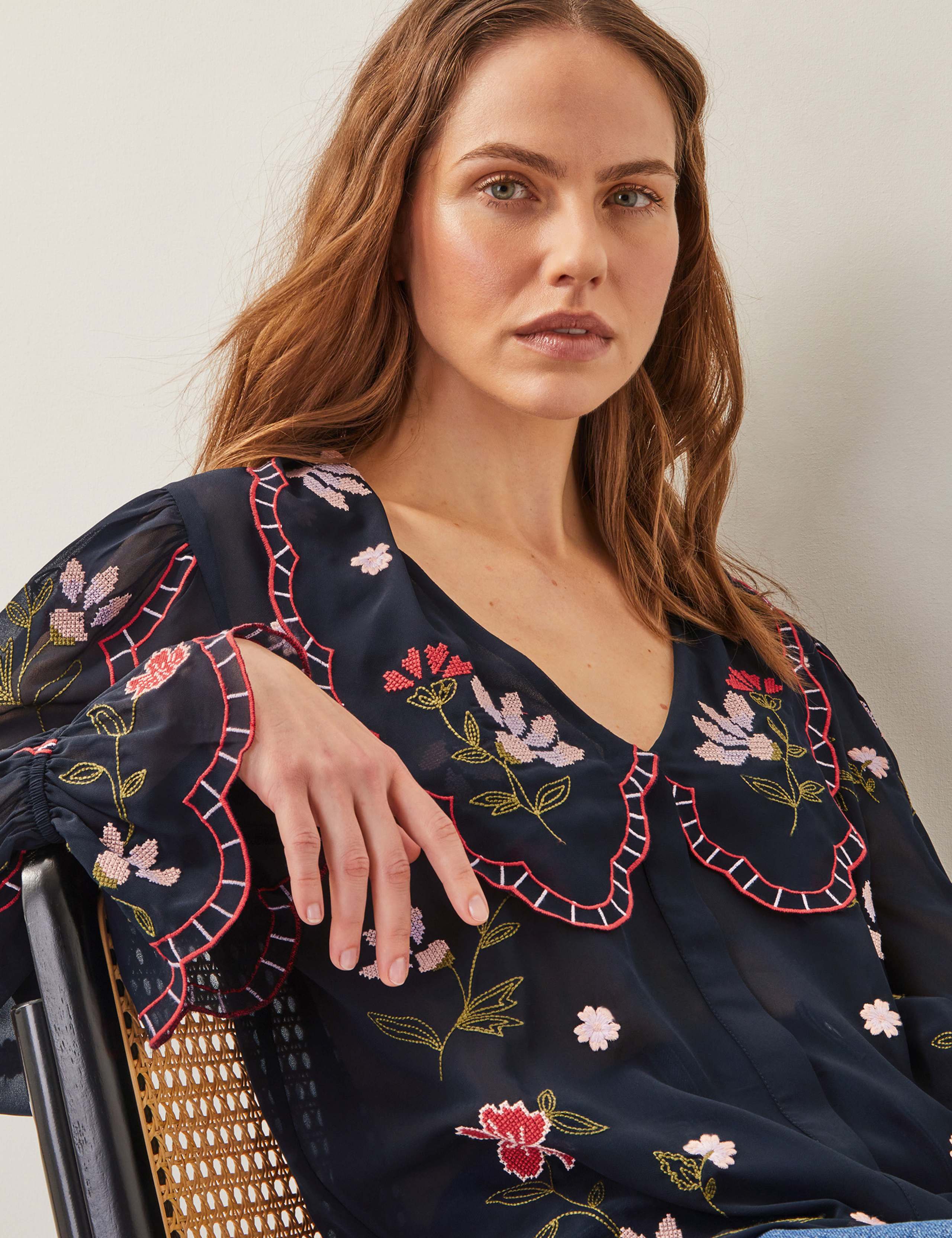Sheer Embroidered Oversized Collared Blouse 2 of 4