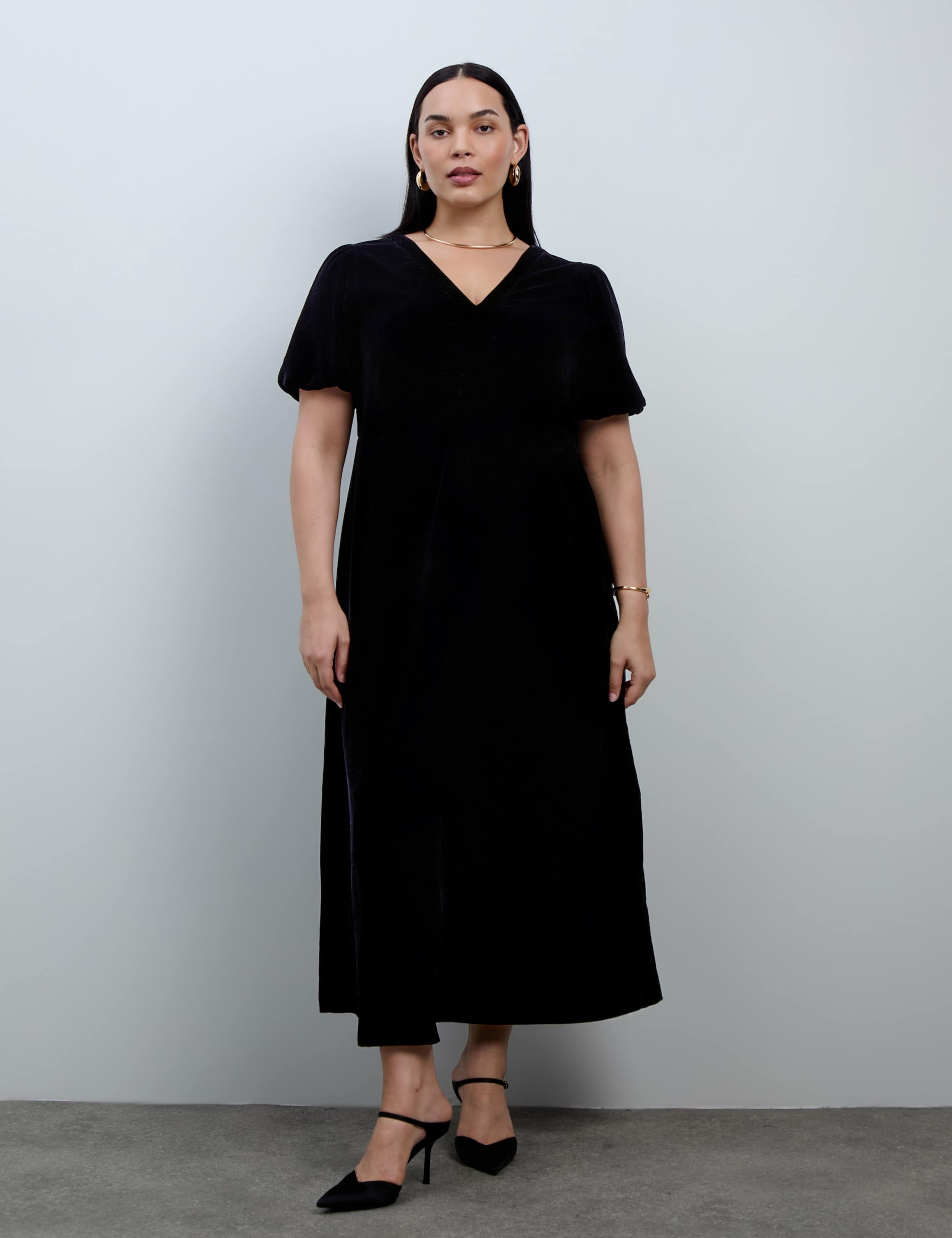 Velvet V Neck Puff Sleeve Maxi Waisted Dress 1 of 4