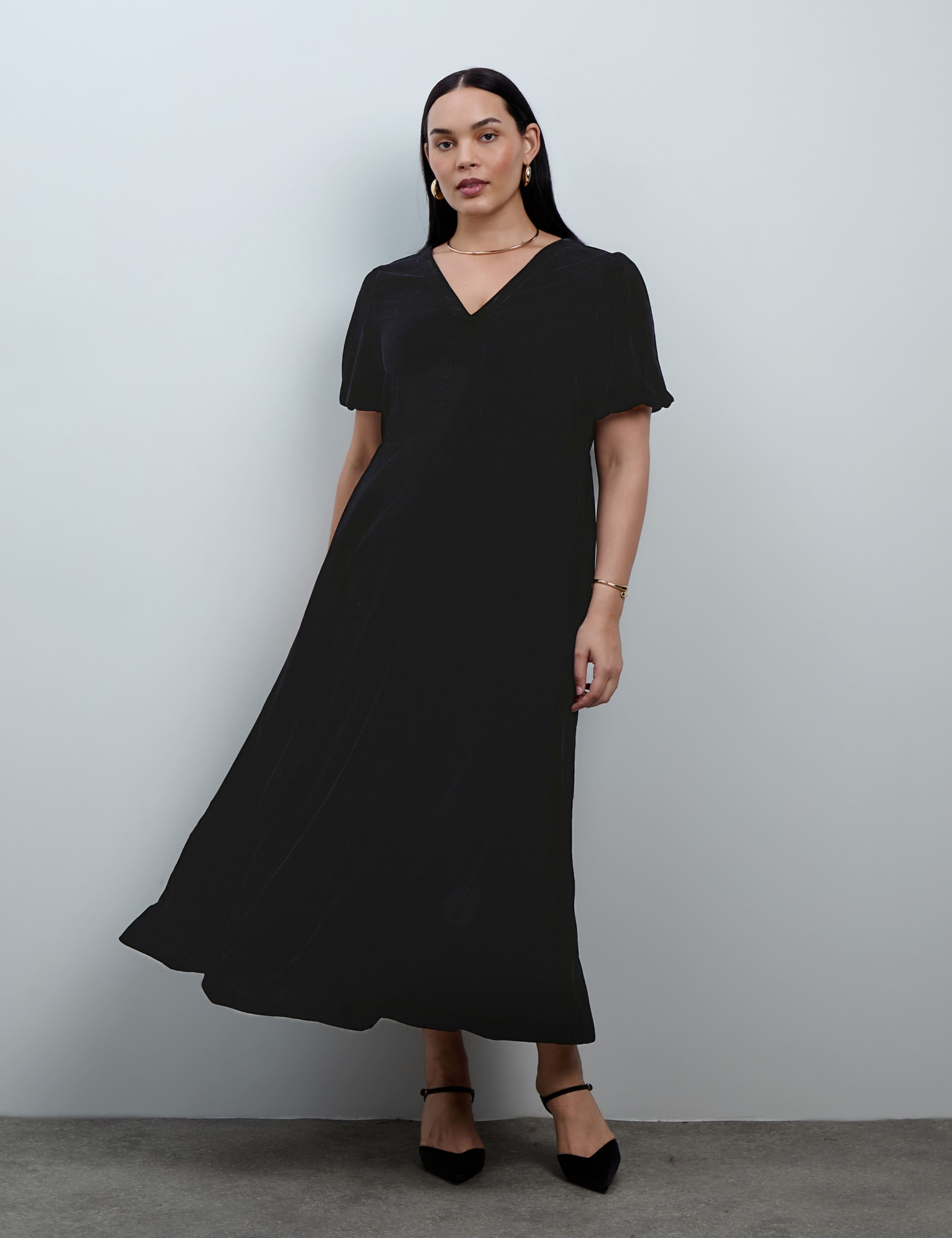 Velvet V Neck Puff Sleeve Maxi Waisted Dress 2 of 4