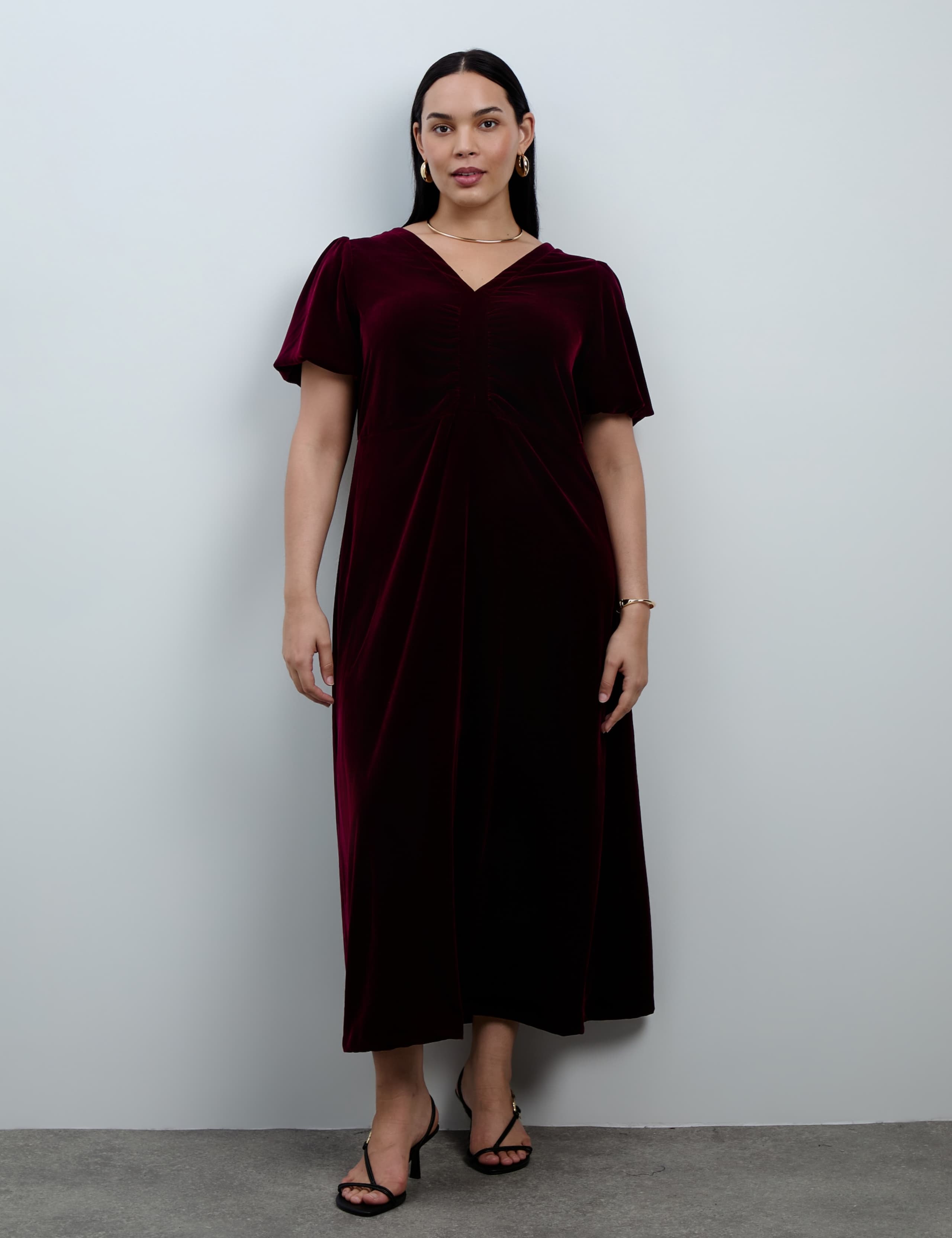 Velvet V Neck Puff Sleeve Maxi Waisted Dress 2 of 5