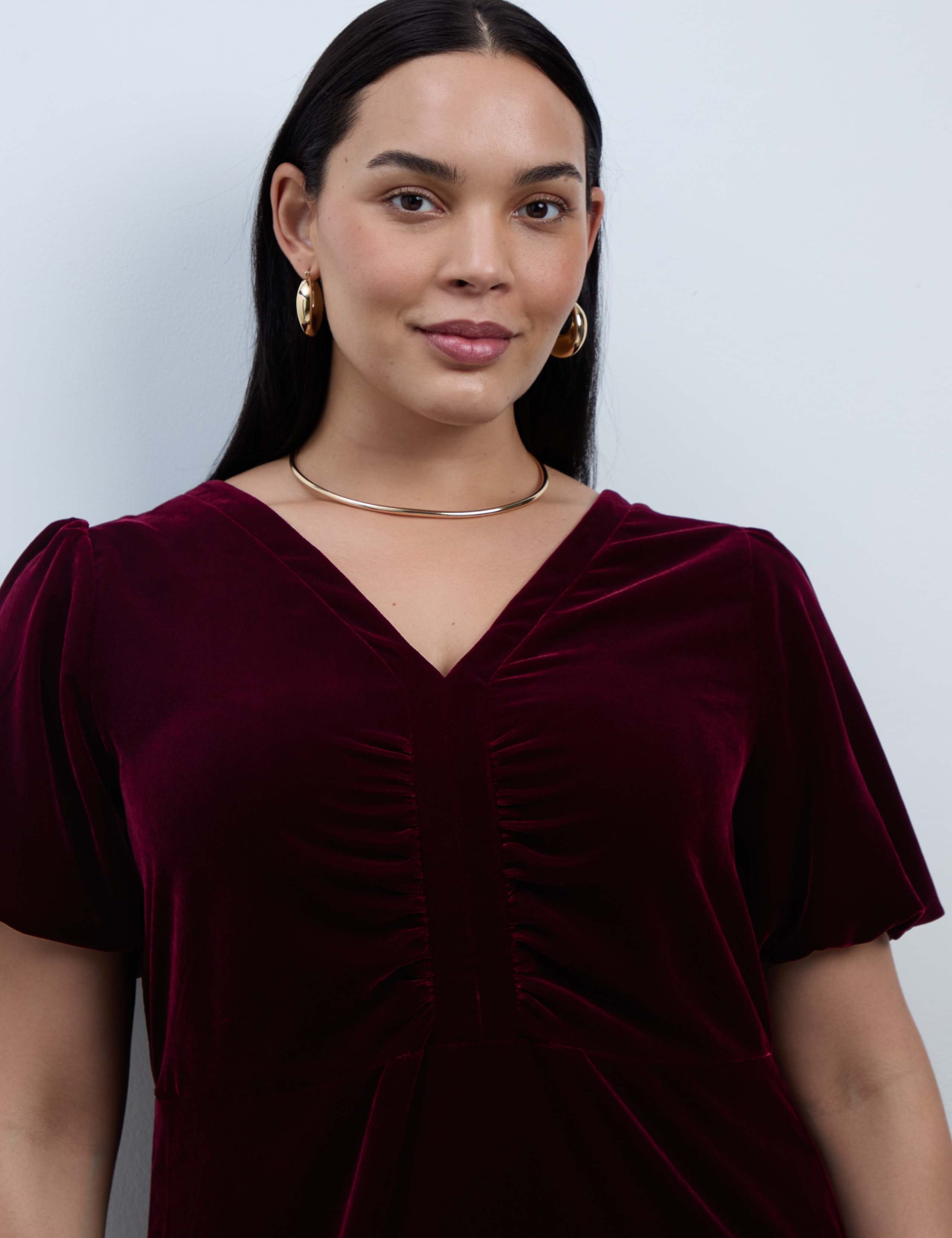 Velvet V Neck Puff Sleeve Maxi Waisted Dress 3 of 5
