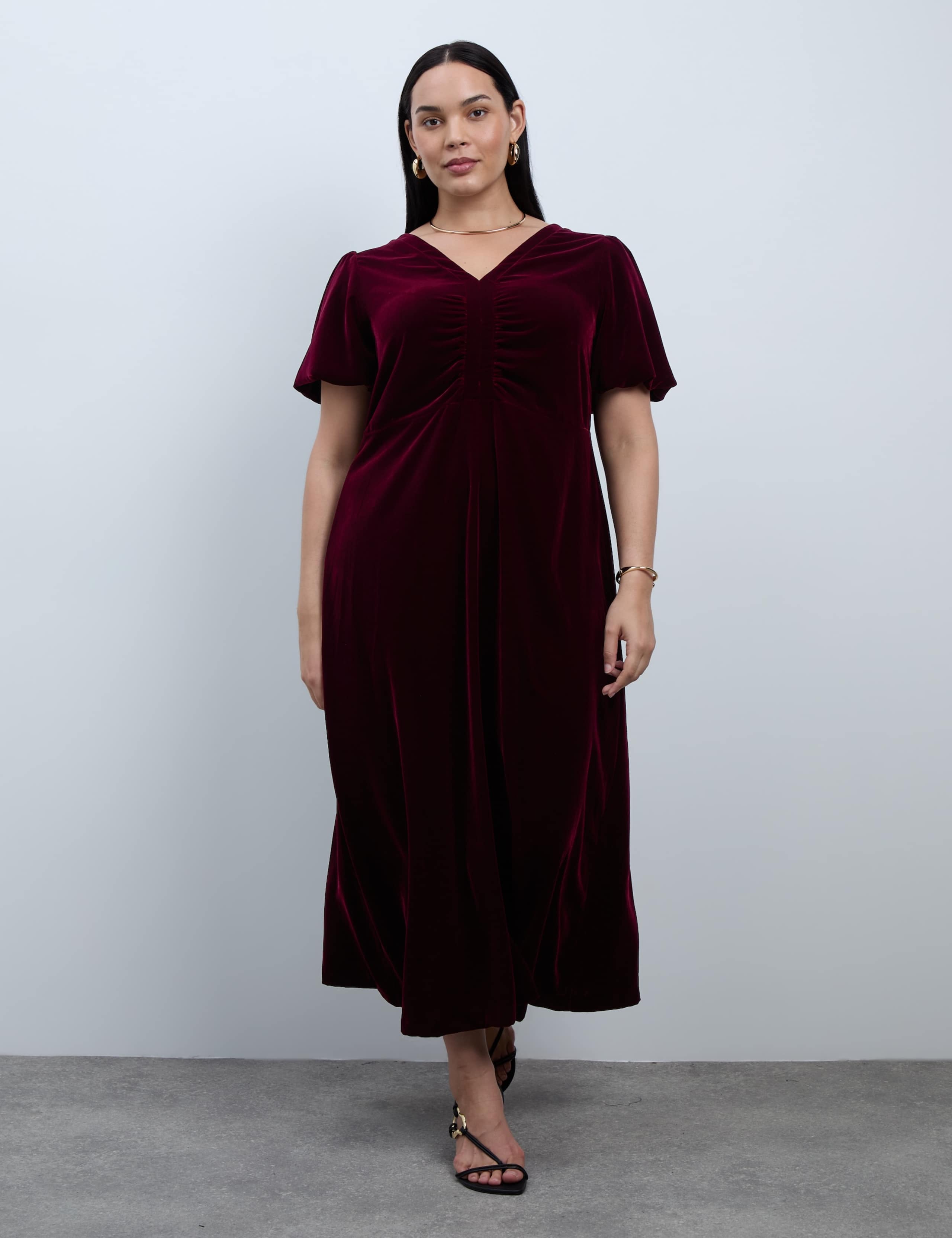 Velvet V Neck Puff Sleeve Maxi Waisted Dress 4 of 5