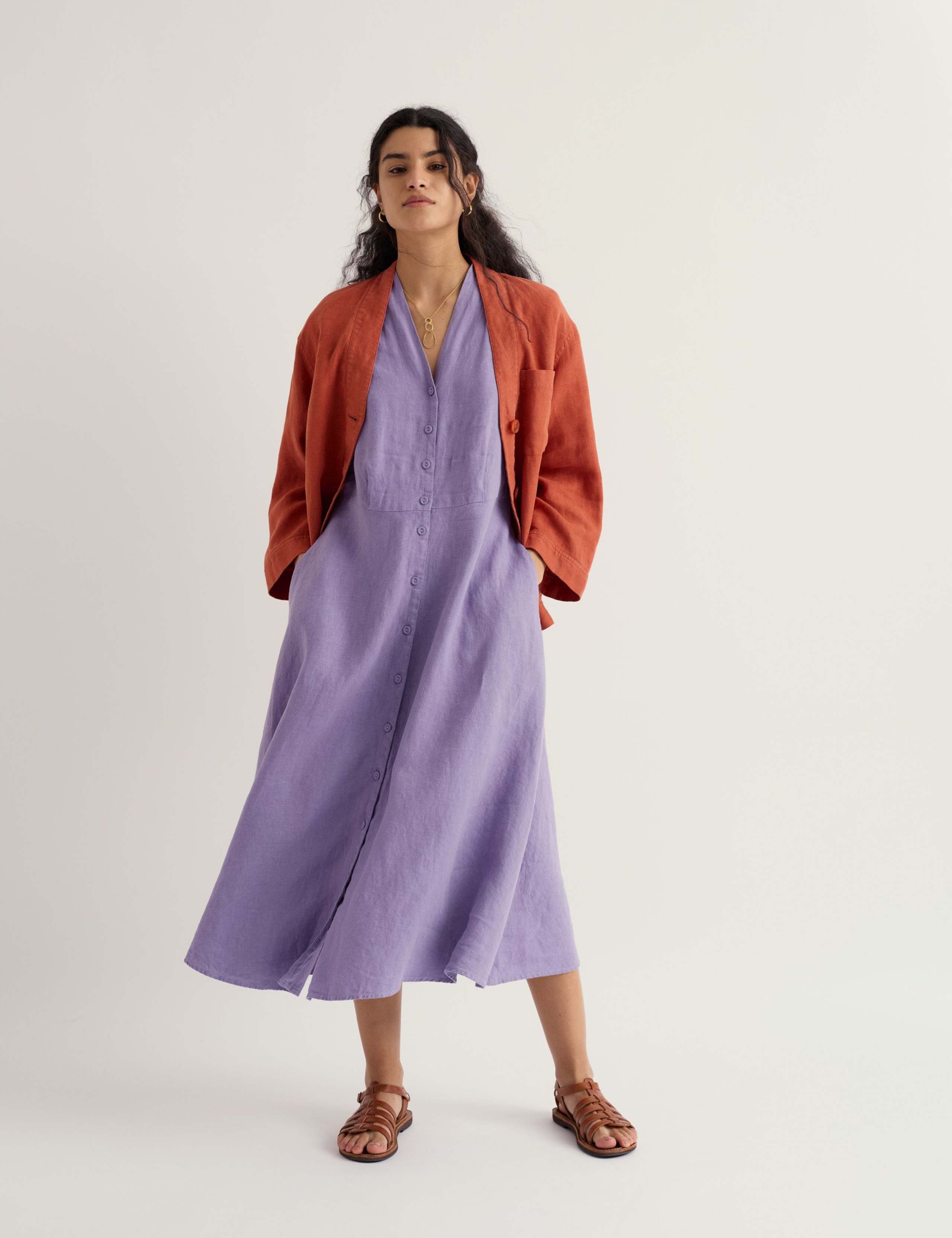 Pure Linen V-Neck Midi Waisted Dress 3 of 6