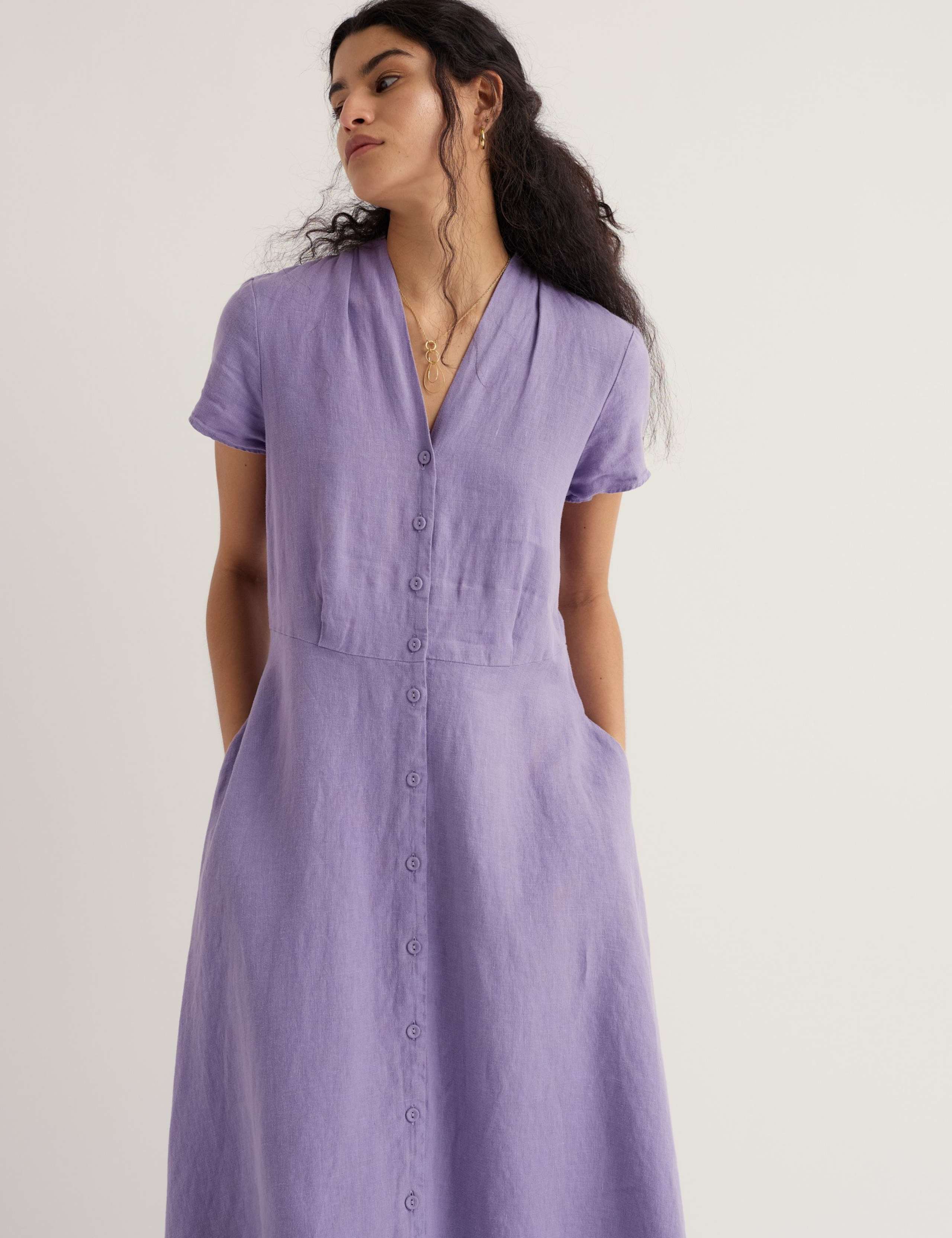 Pure Linen V-Neck Midi Waisted Dress 5 of 6