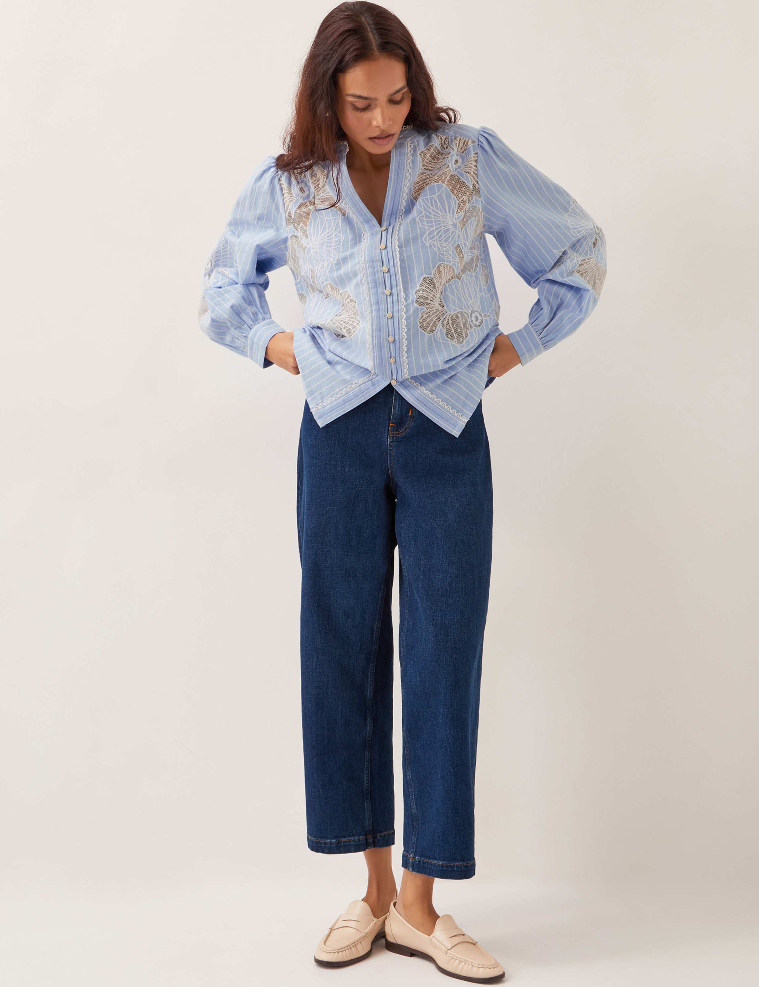 Pure Cotton Striped Lace Insert Blouse 2 of 4