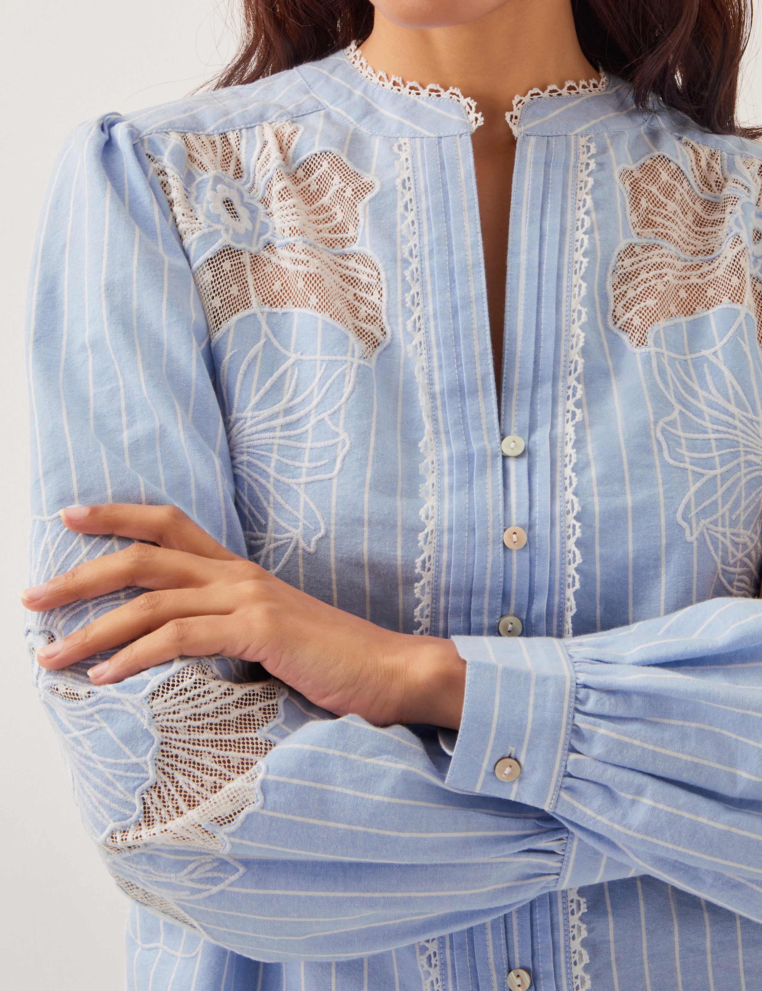 Pure Cotton Striped Lace Insert Blouse 3 of 4