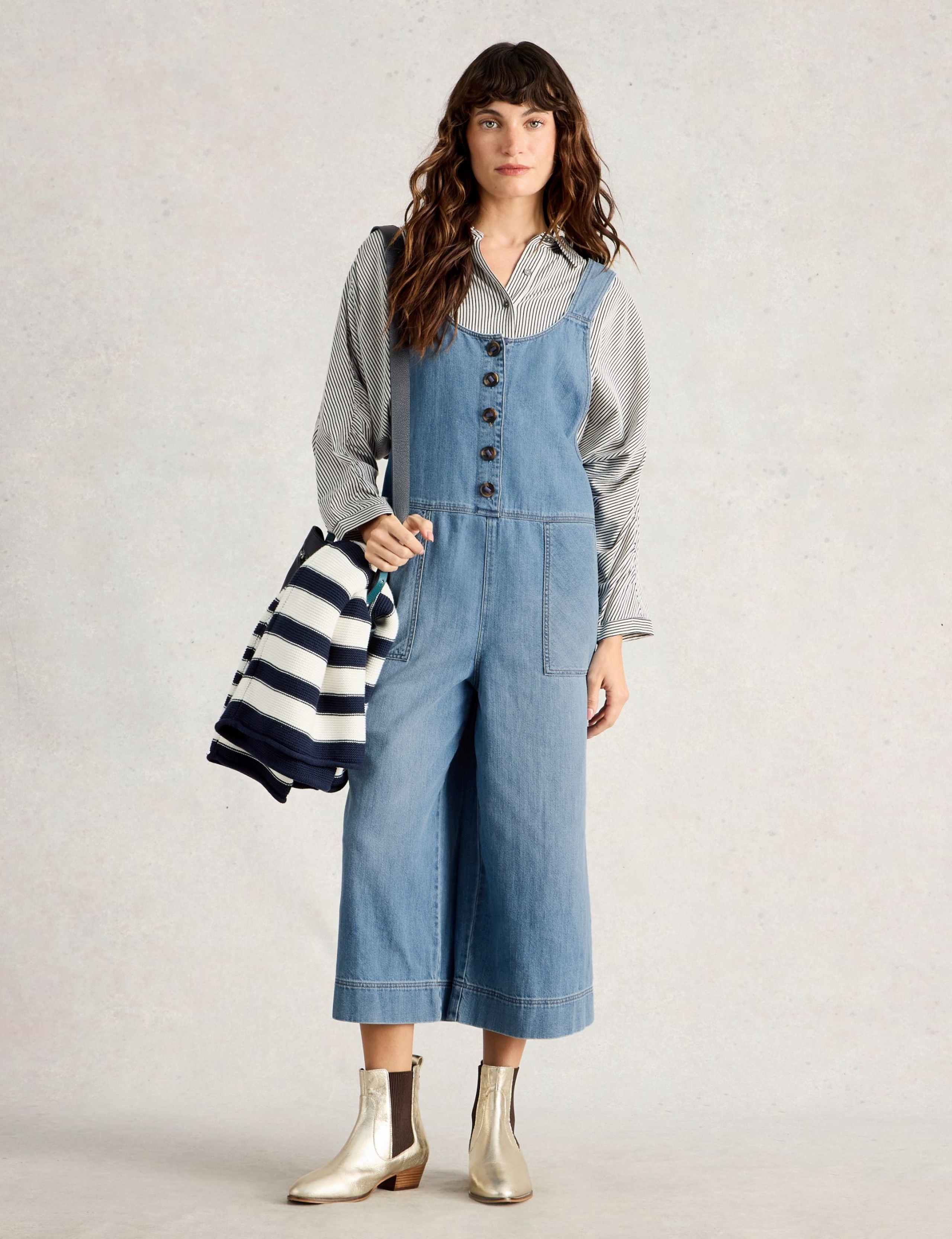 Denim Sleeveless Wide Leg Cropped Dungarees 1 of 1