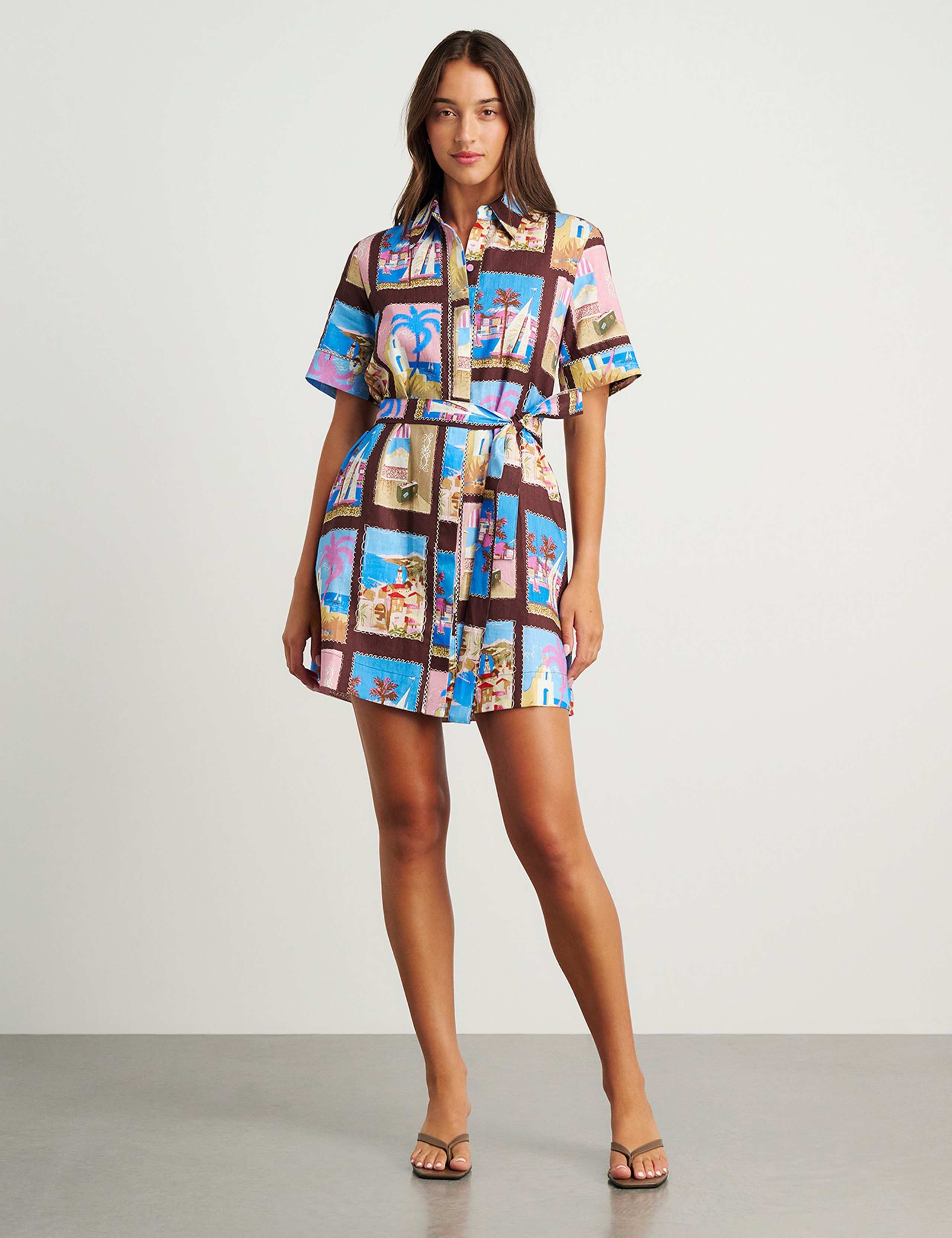 Linen Rich Printed Mini Shirt Dress 1 of 7