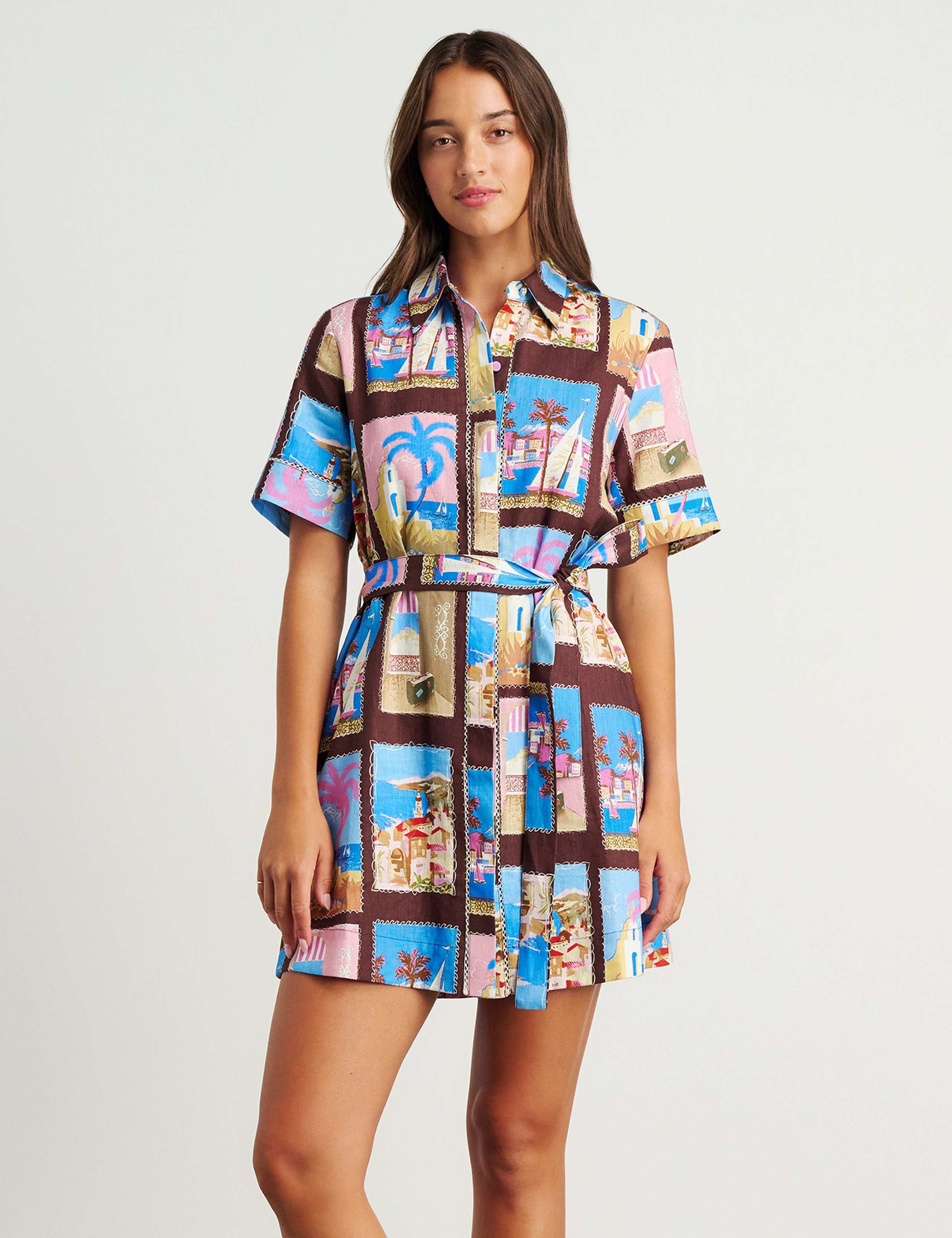Linen Rich Printed Mini Shirt Dress 2 of 7