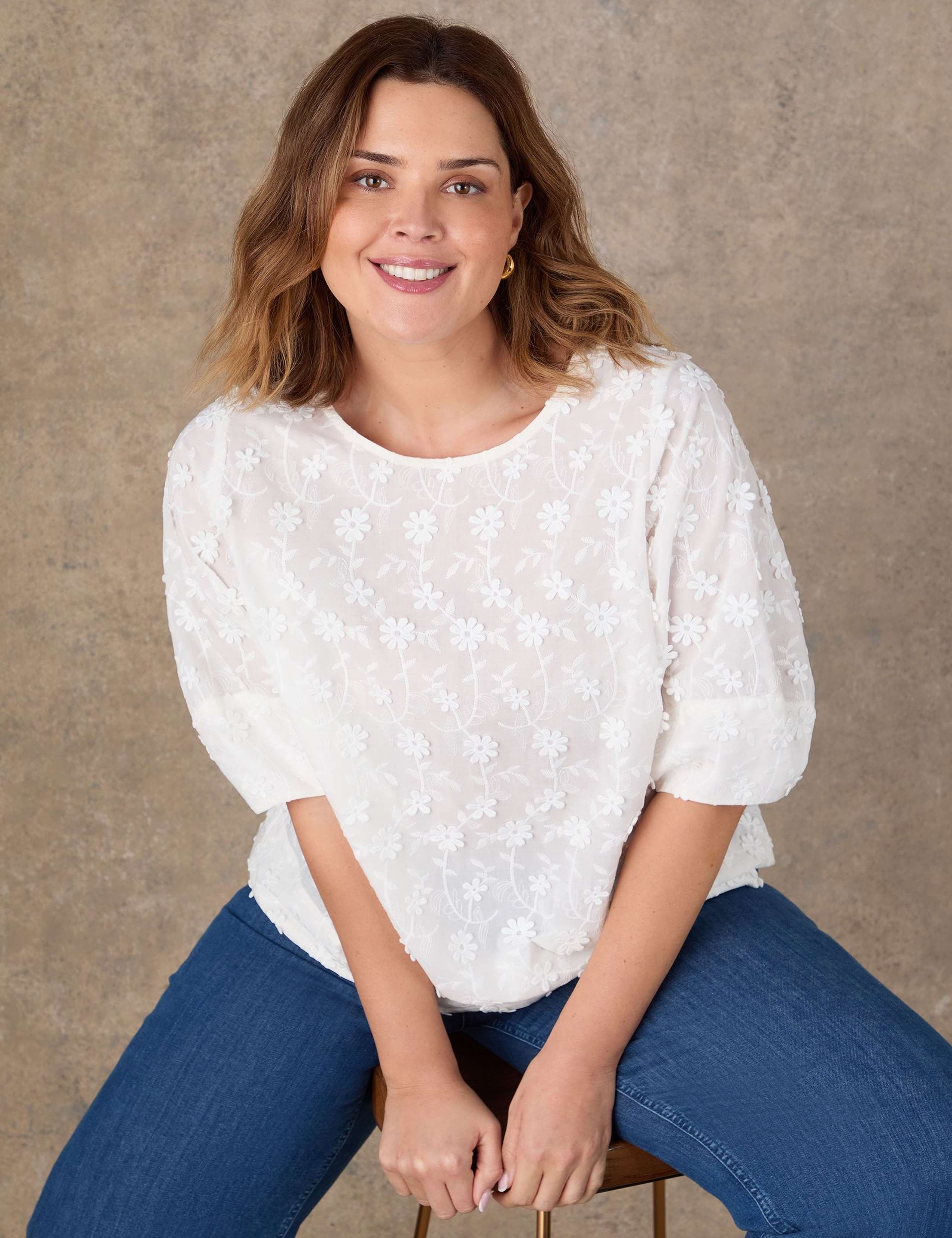 Pure Cotton Floral Tapered Sleeve Top 3 of 6