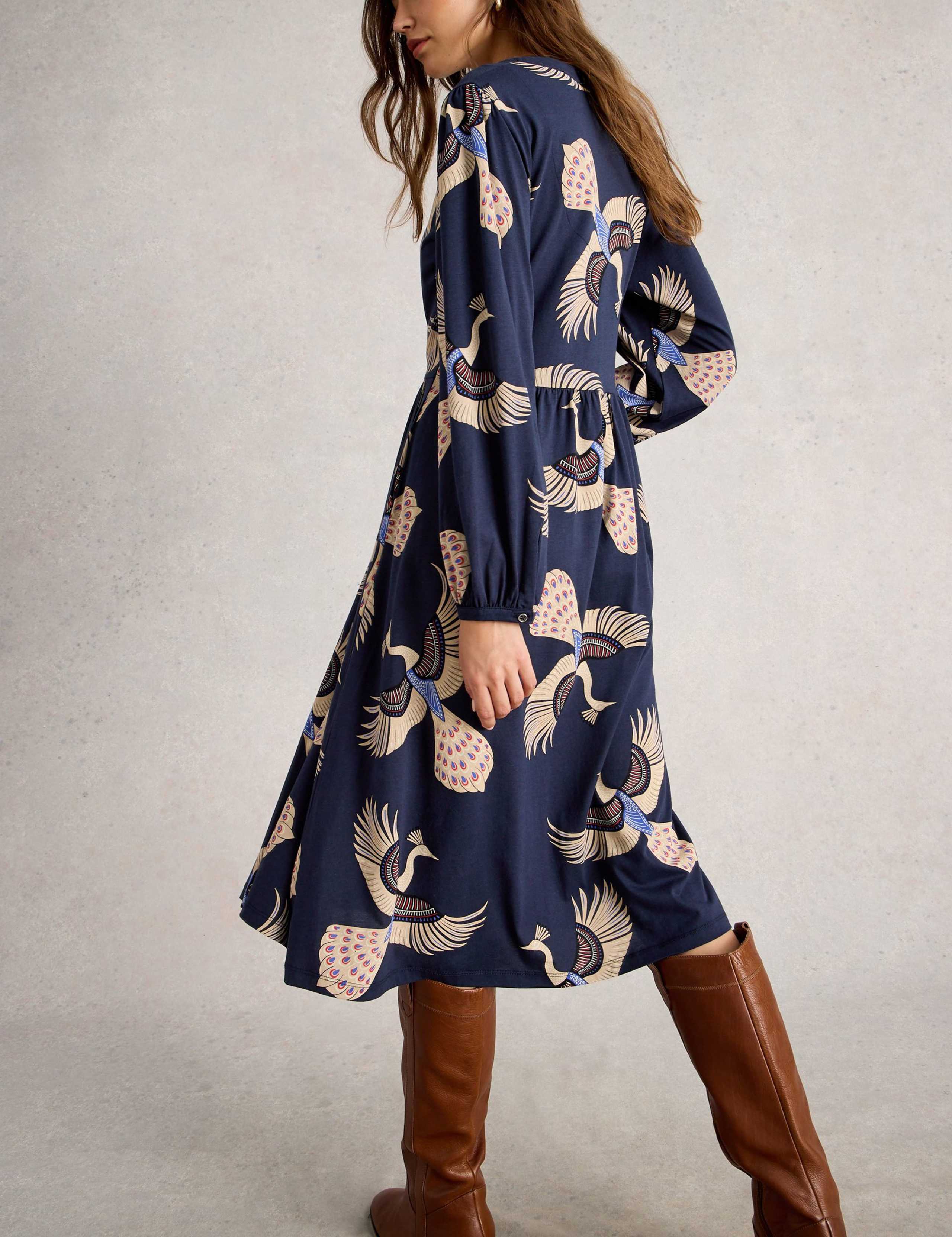 Jersey Peacock Print Notch Neck Midi Dress 5 of 6