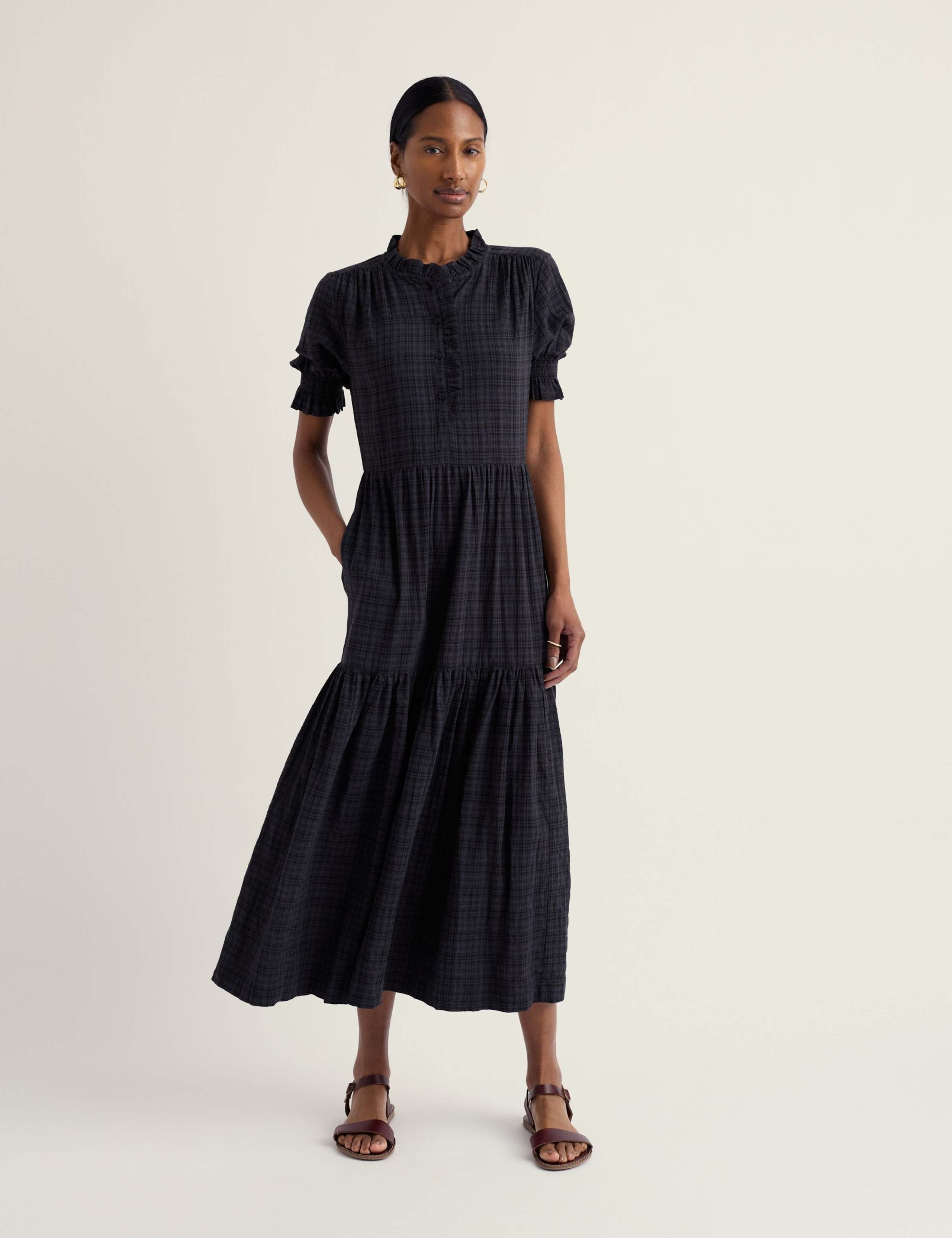 Cotton Rich Checked High Neck Midi Tiered Dress 1 of 5