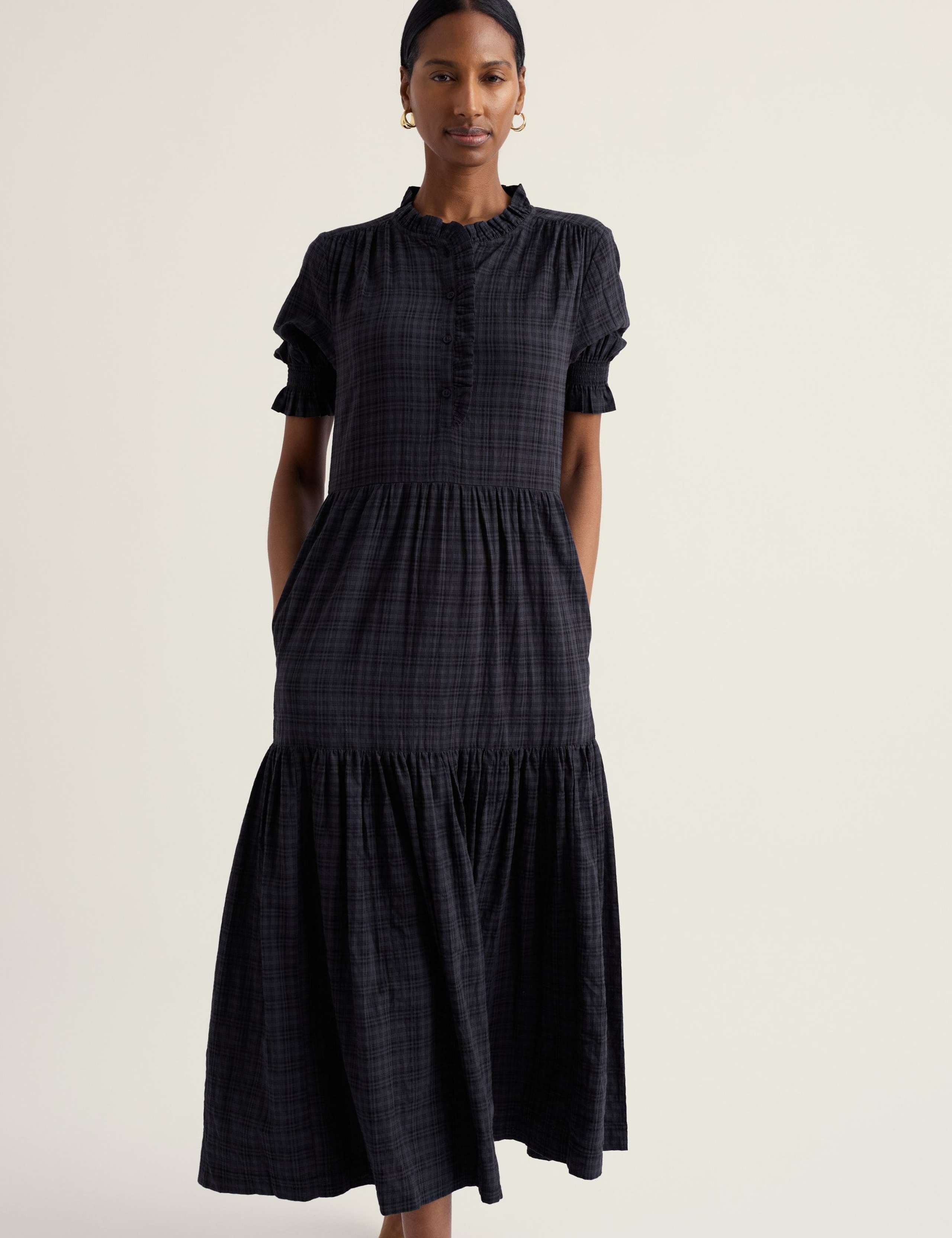 Cotton Rich Checked High Neck Midi Tiered Dress 3 of 5