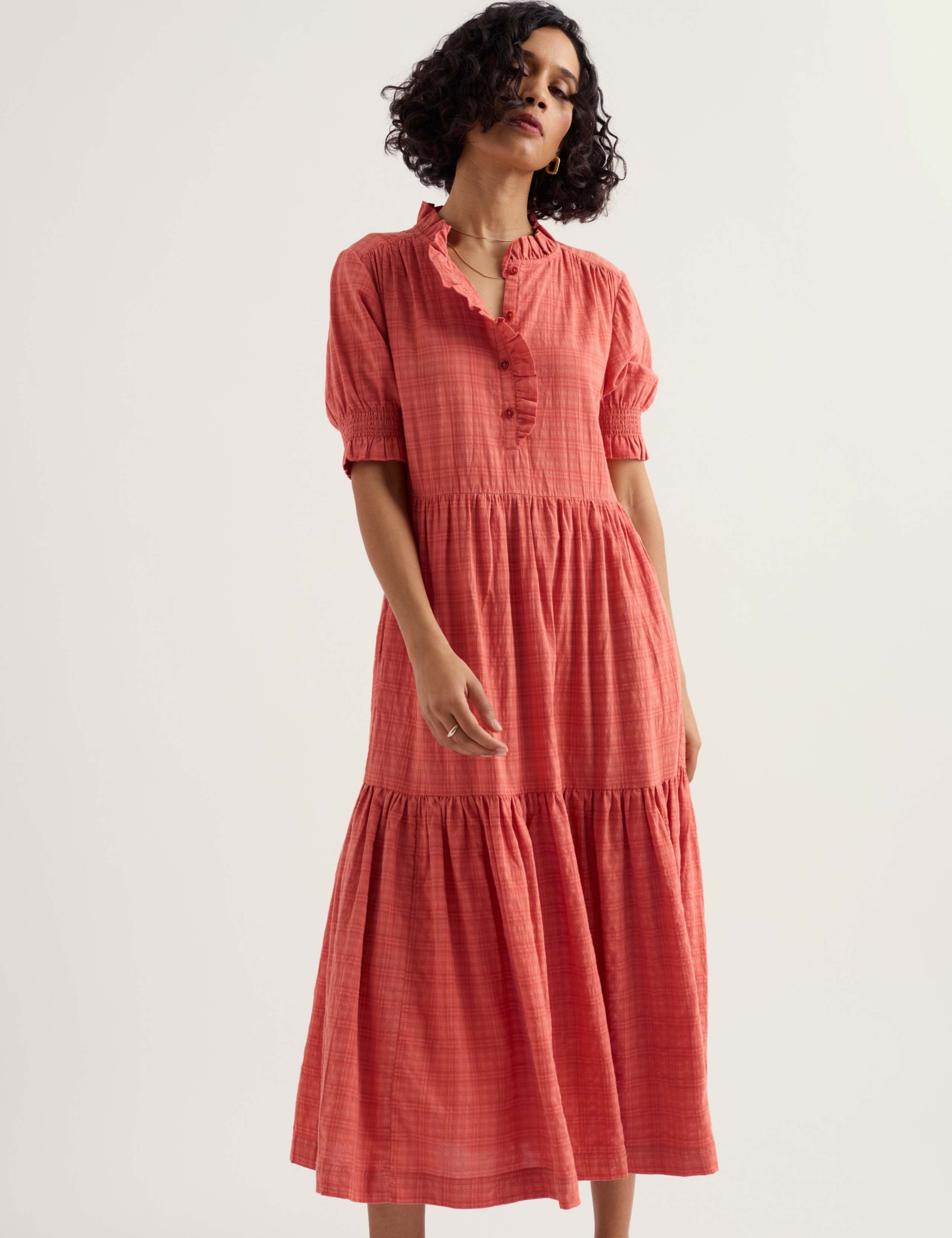 Cotton Rich Checked High Neck Midi Tiered Dress 3 of 5