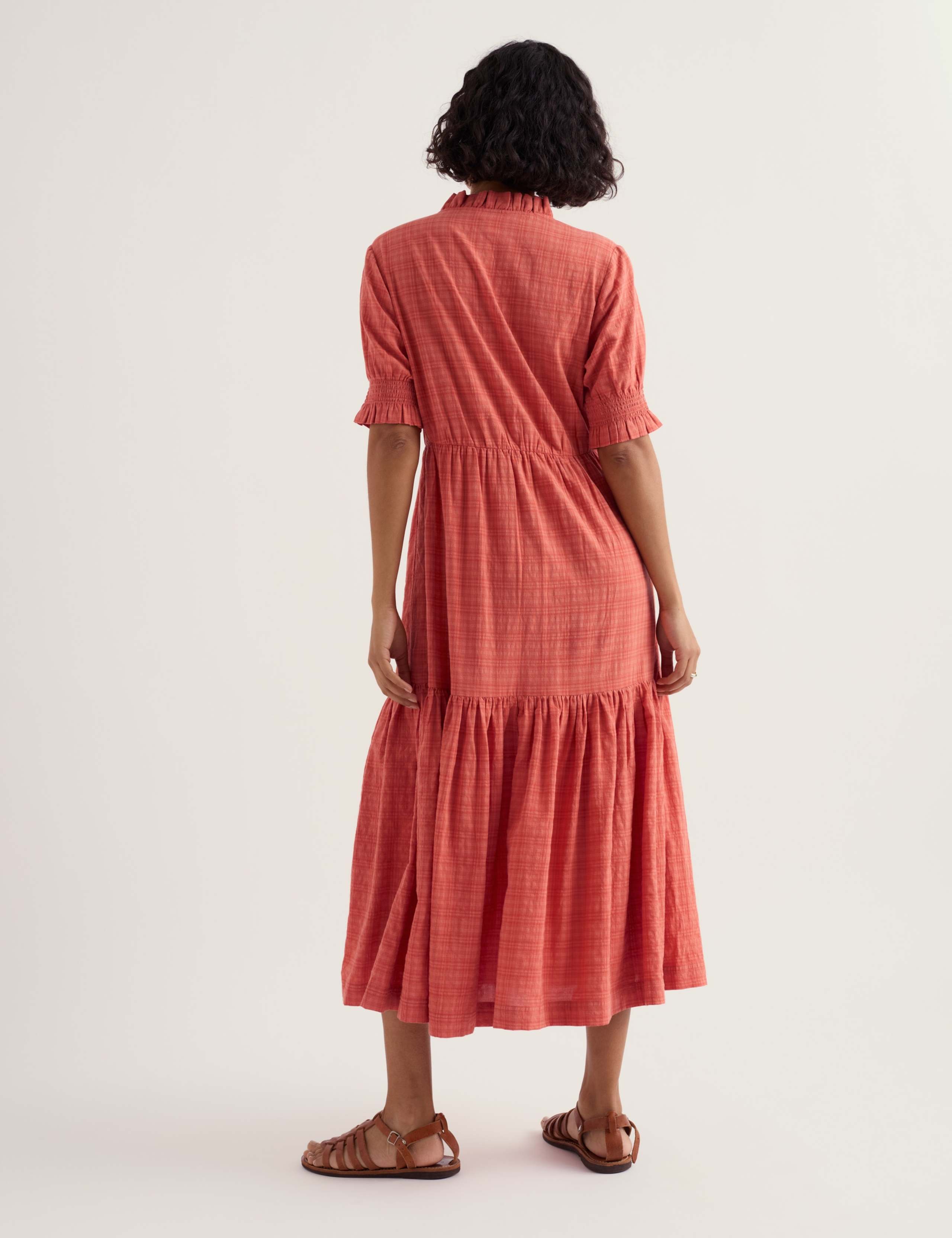 Cotton Rich Checked High Neck Midi Tiered Dress 4 of 5