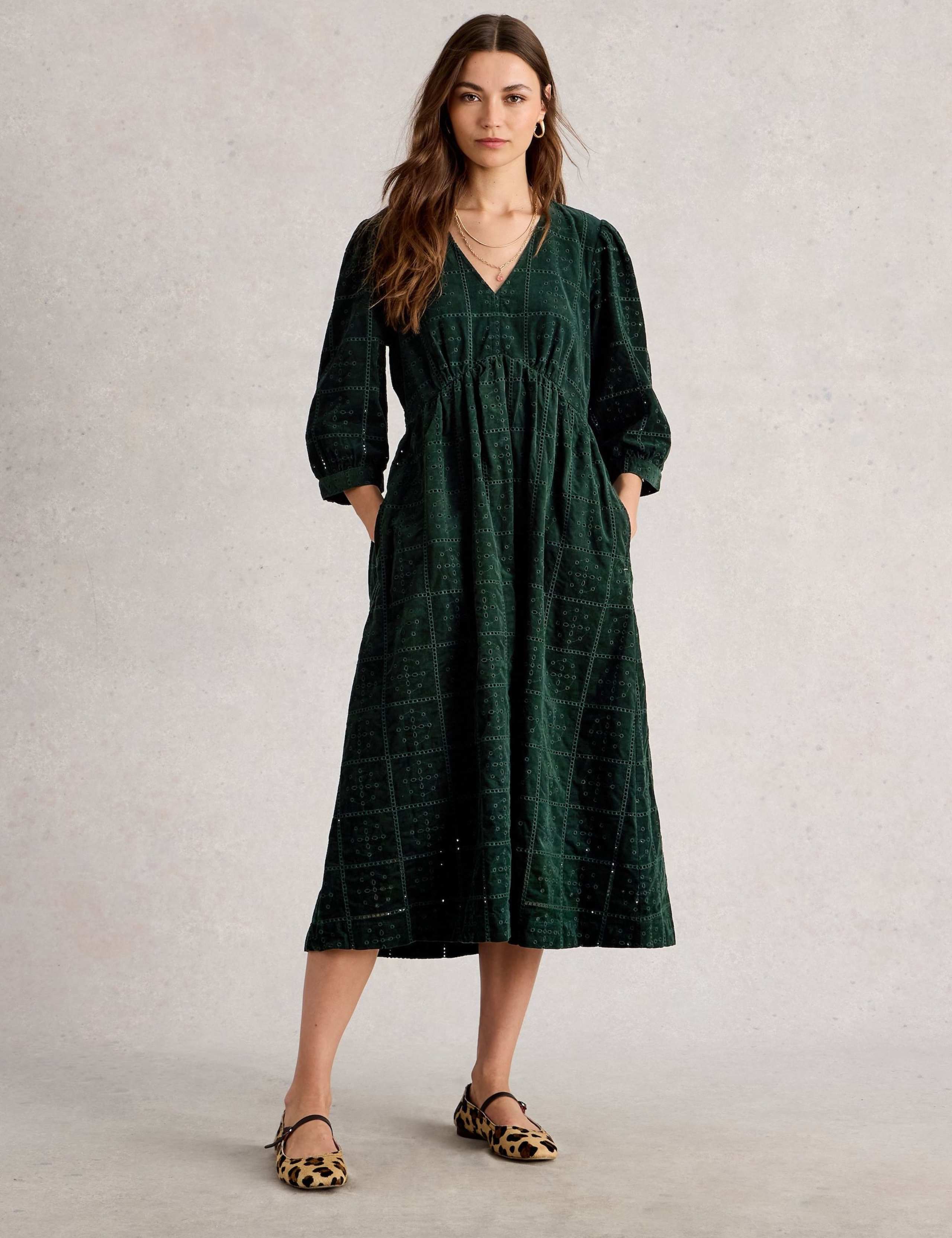 Cord Broderie V-Neck Midi Waisted Dress 1 of 6