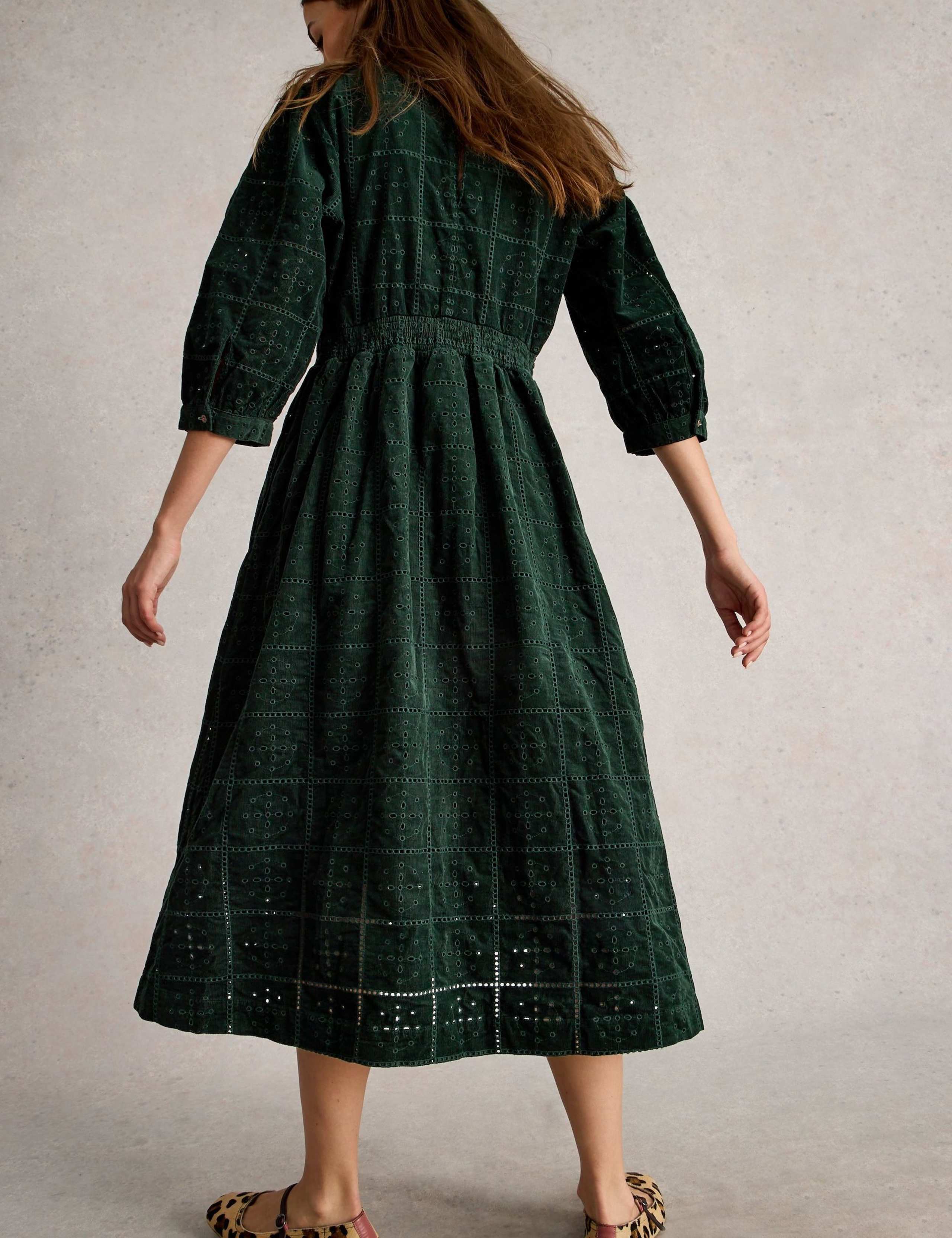 Cord Broderie V-Neck Midi Waisted Dress 3 of 6