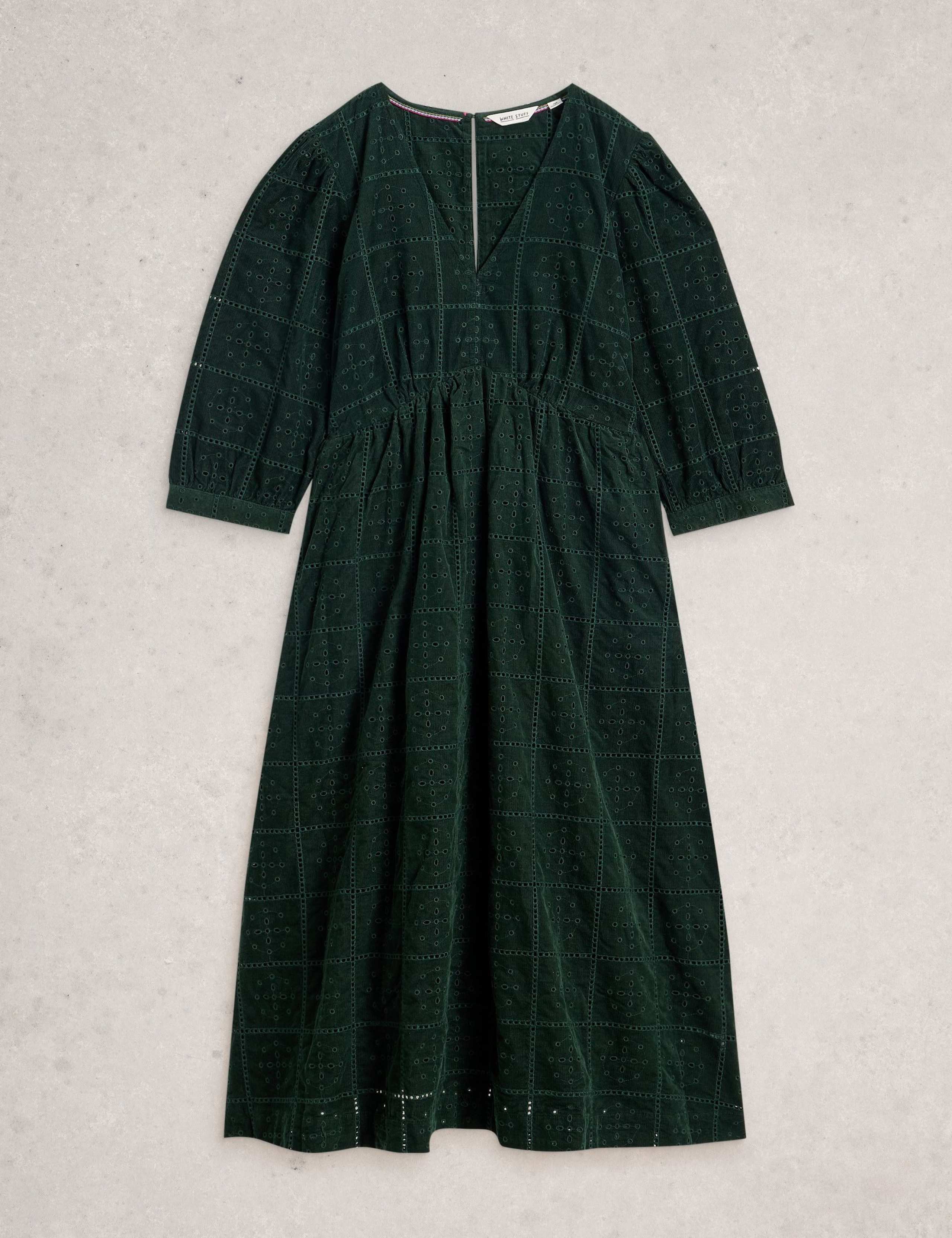 Cord Broderie V-Neck Midi Waisted Dress 2 of 6