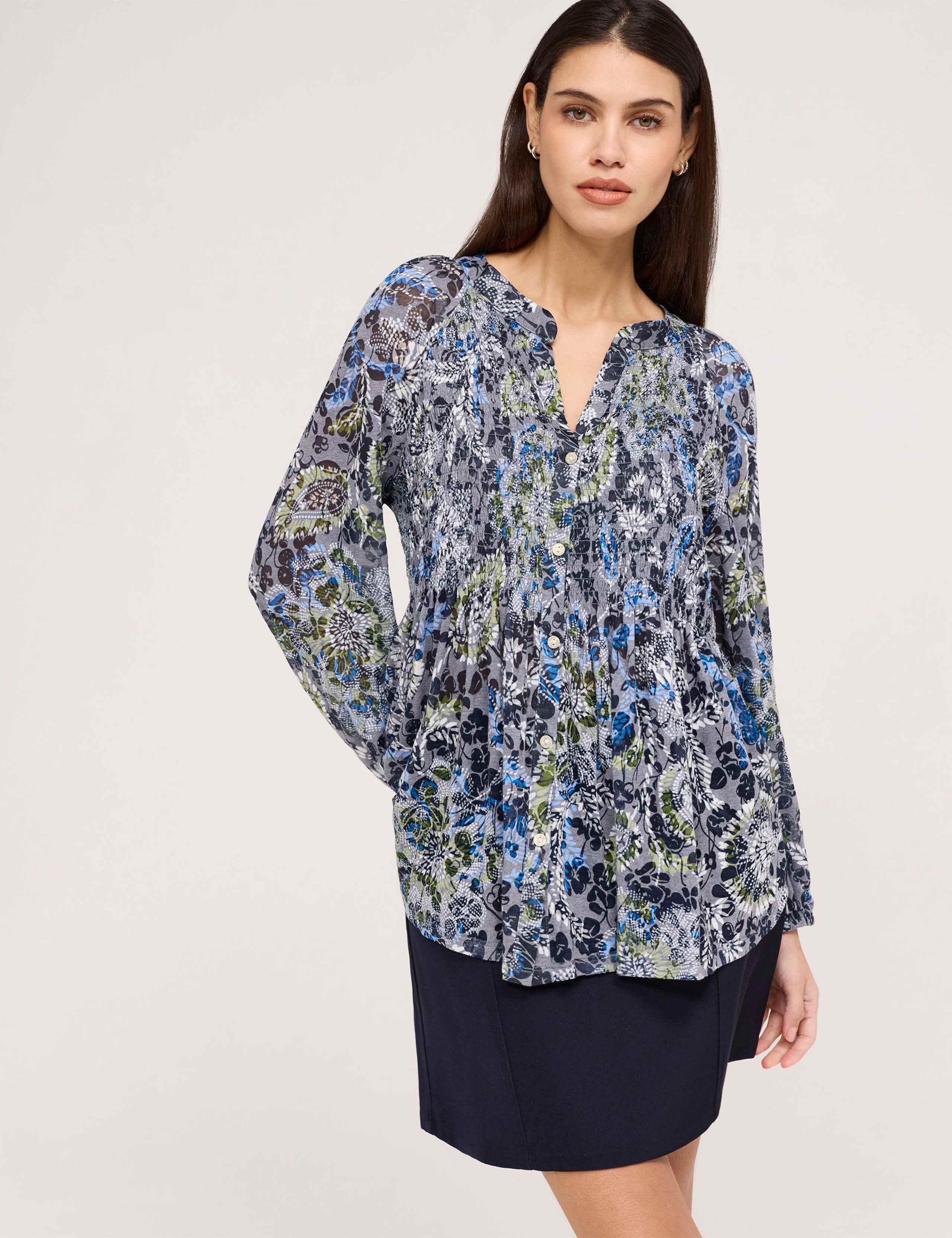 Jersey Floral Notch Neck Shirred Blouse 1 of 6