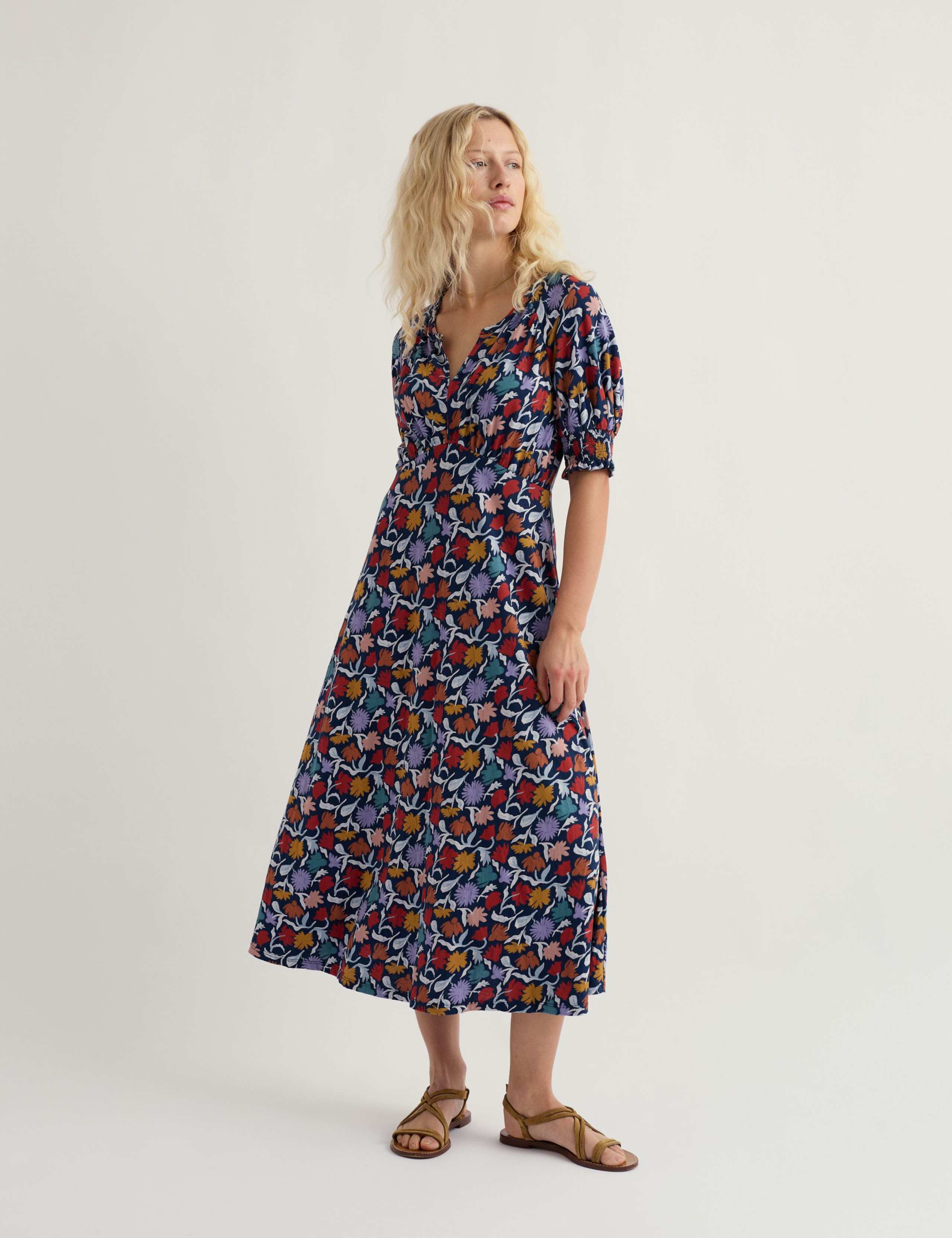 Cotton Rich Floral Notch Neck Midi Tea Dress 1 of 5