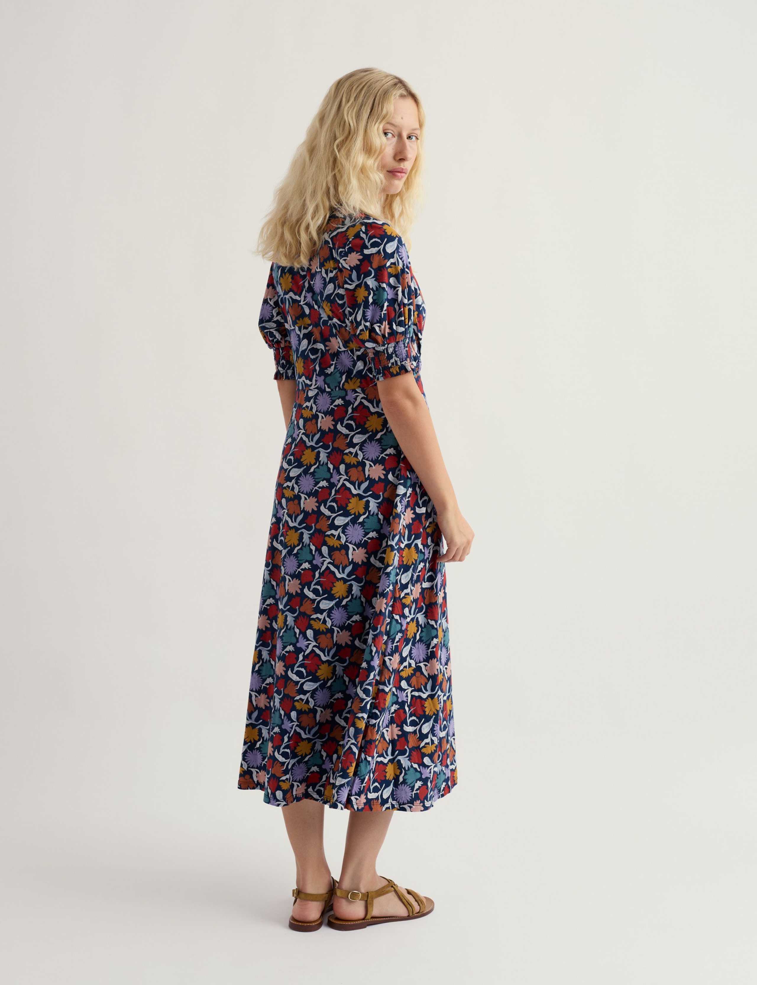 Cotton Rich Floral Notch Neck Midi Tea Dress 3 of 5