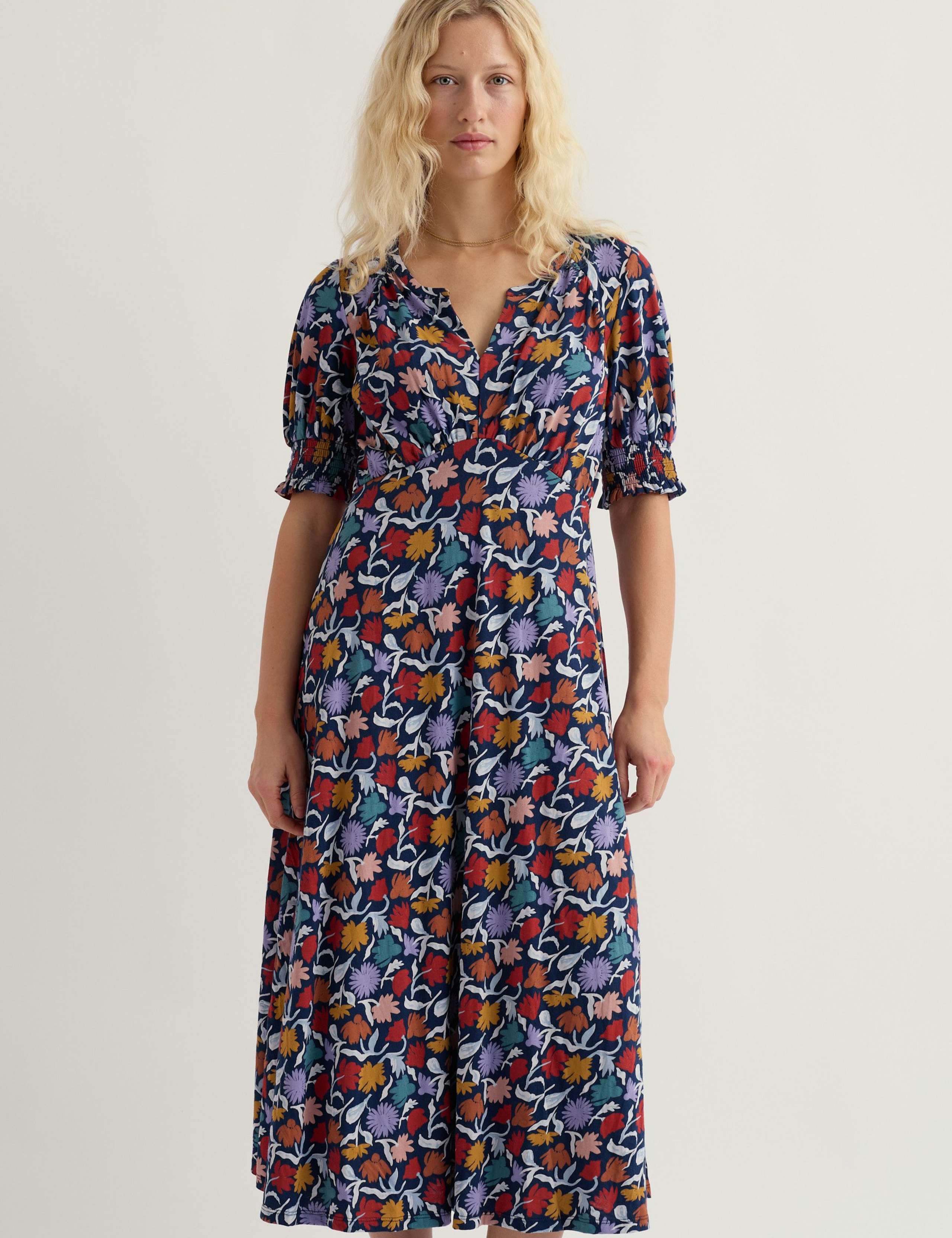Cotton Rich Floral Notch Neck Midi Tea Dress 4 of 5
