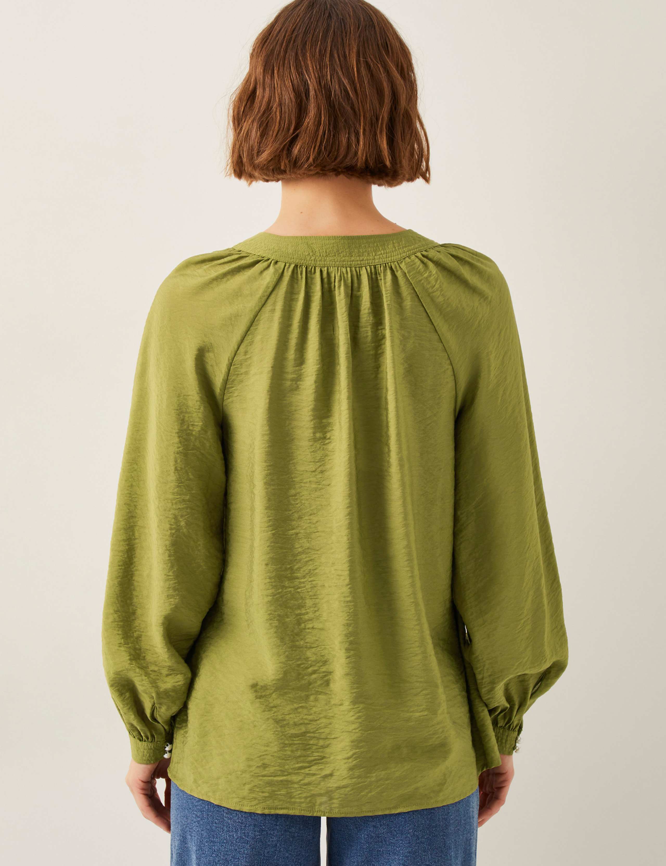 Cotton Rich V-Neck Blouson Sleeve Blouse 2 of 4