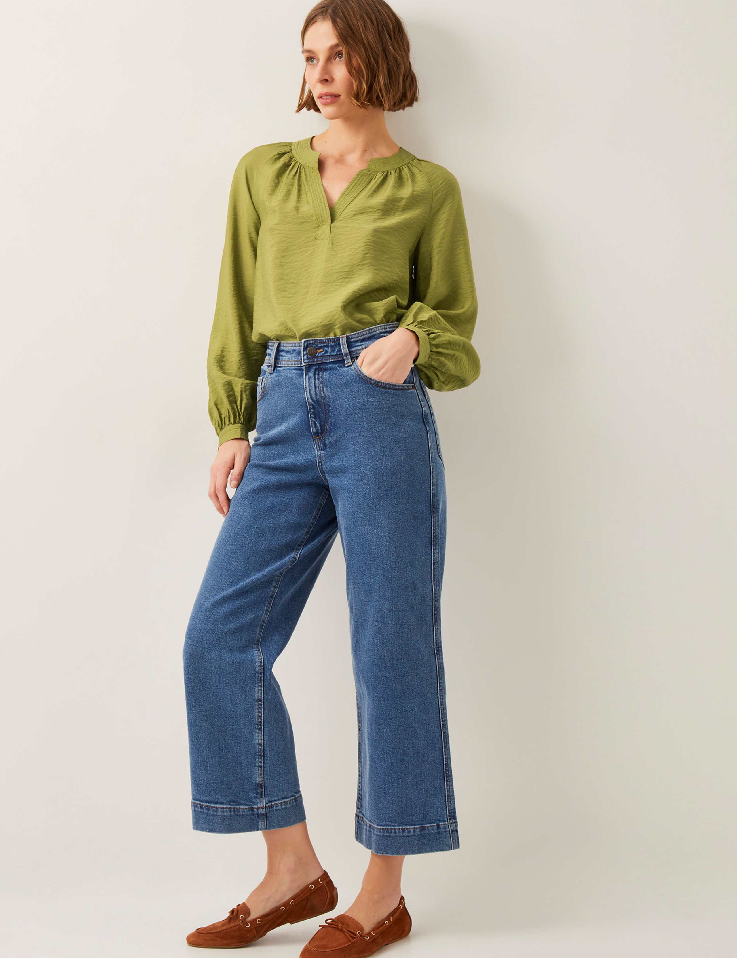 Cotton Rich V-Neck Blouson Sleeve Blouse 3 of 4