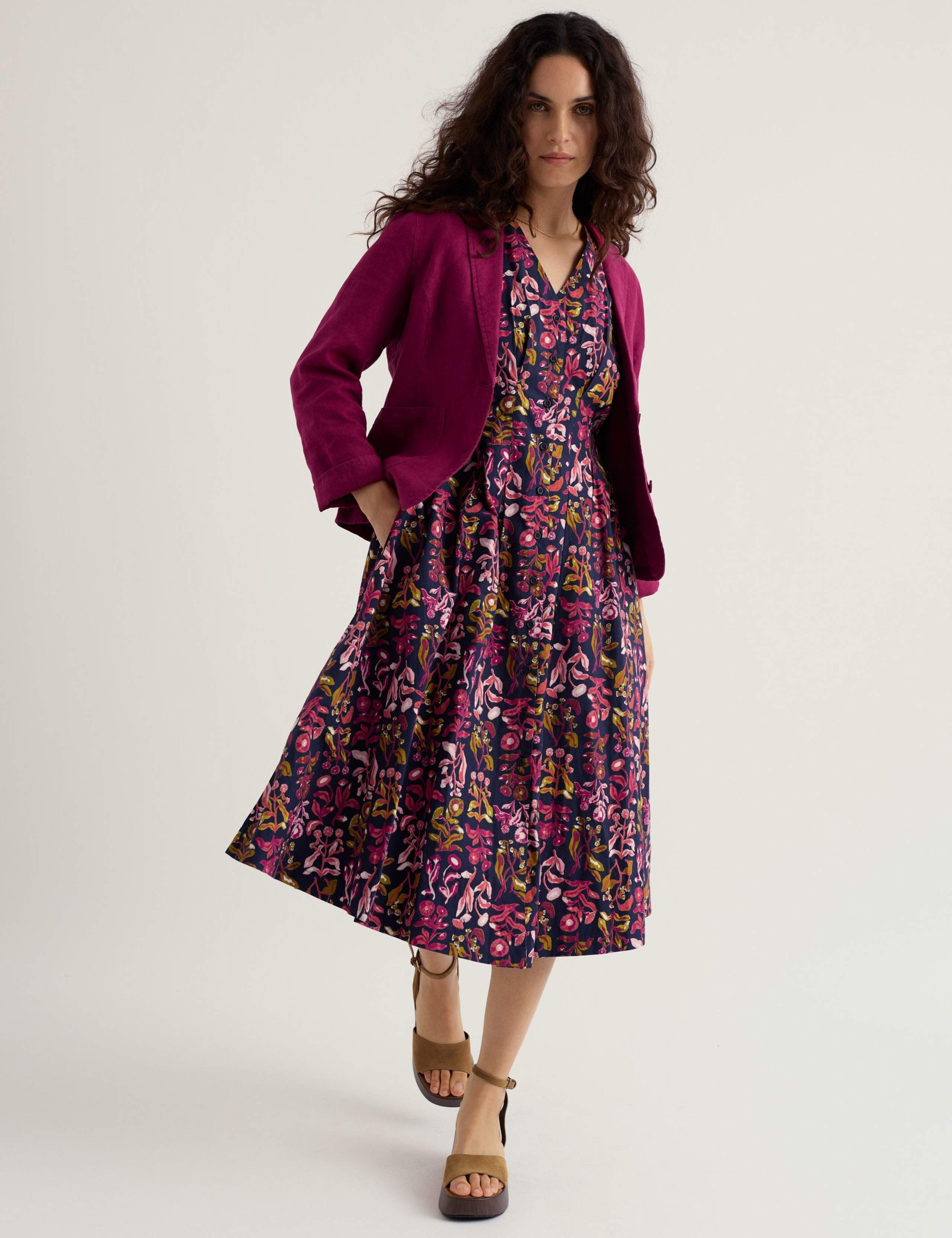 Pure Cotton Floral V-Neck Midi Tea Dress 1 of 5