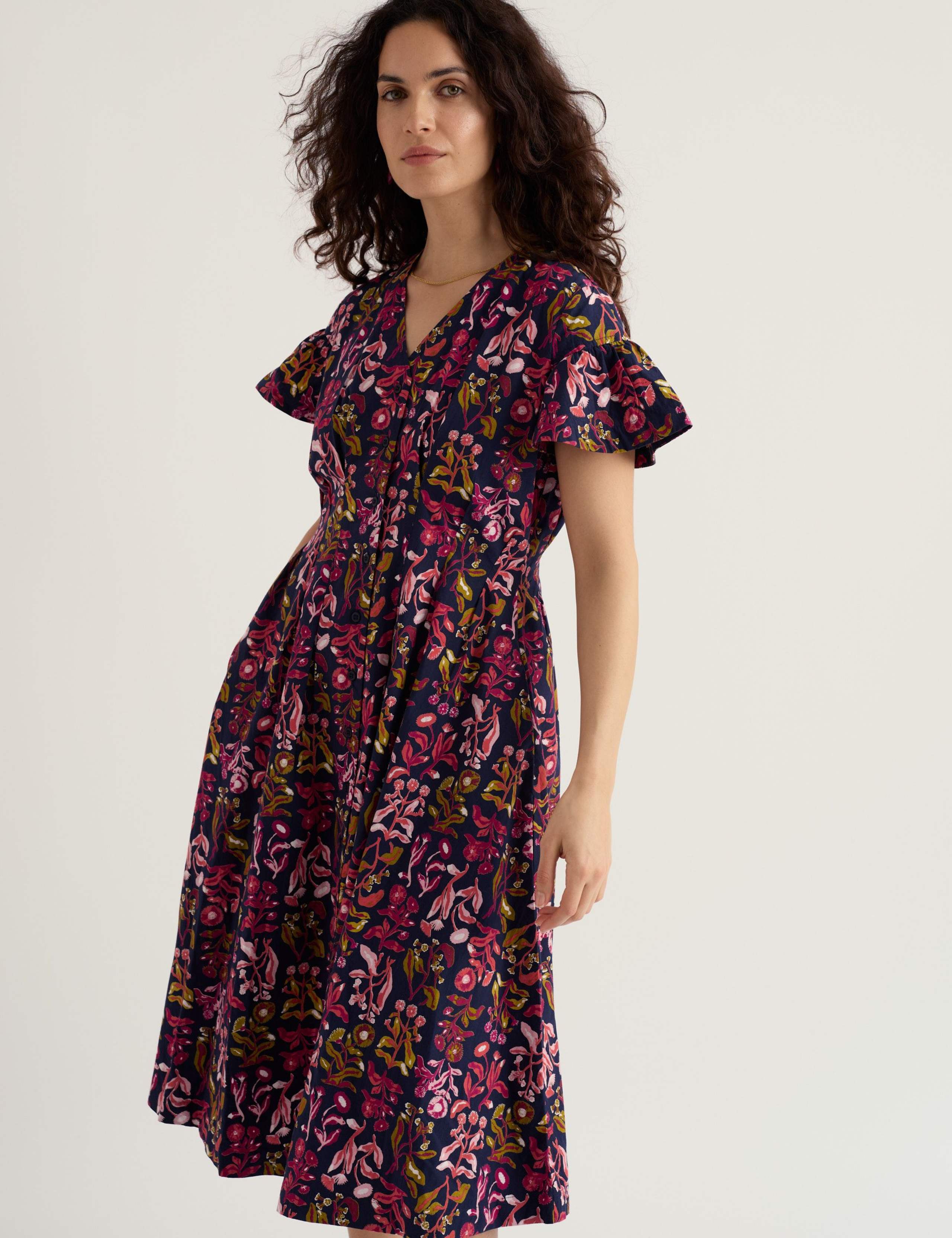 Pure Cotton Floral V-Neck Midi Tea Dress 3 of 5