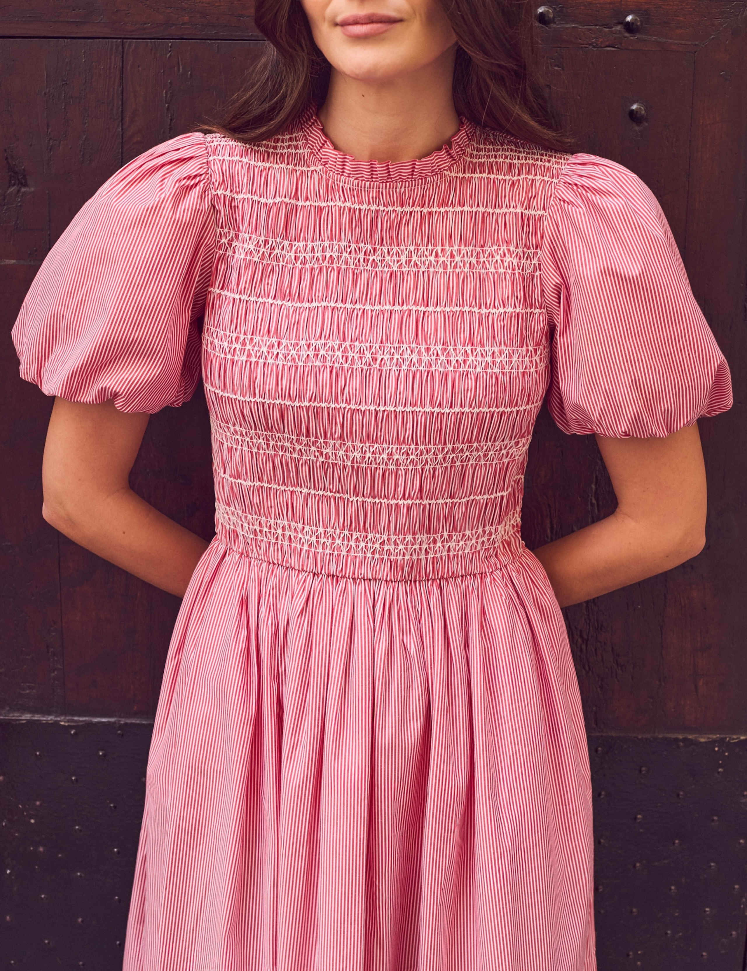 Striped Puff Sleeve Midi Shirred Dress 3 of 6