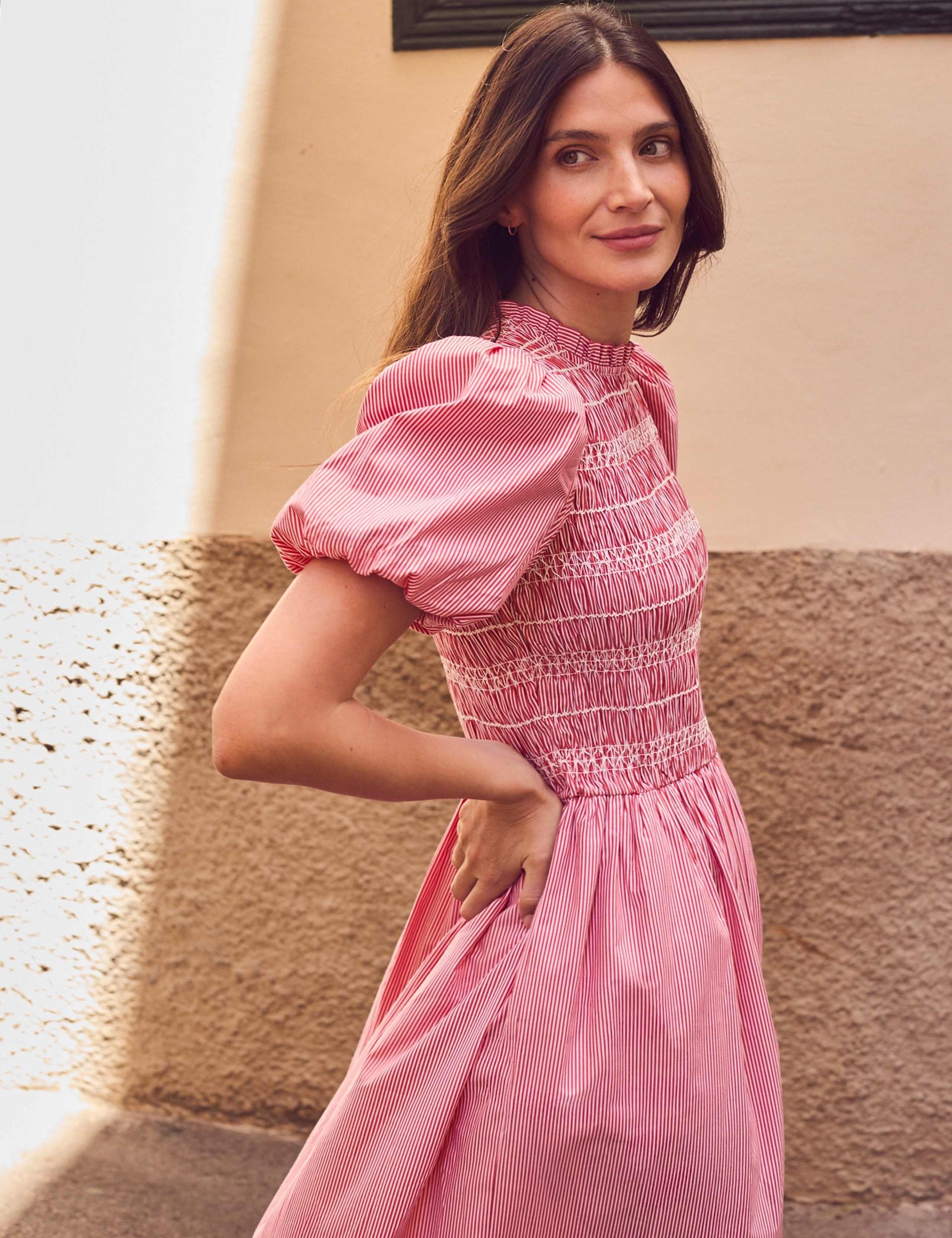 Striped Puff Sleeve Midi Shirred Dress 6 of 6