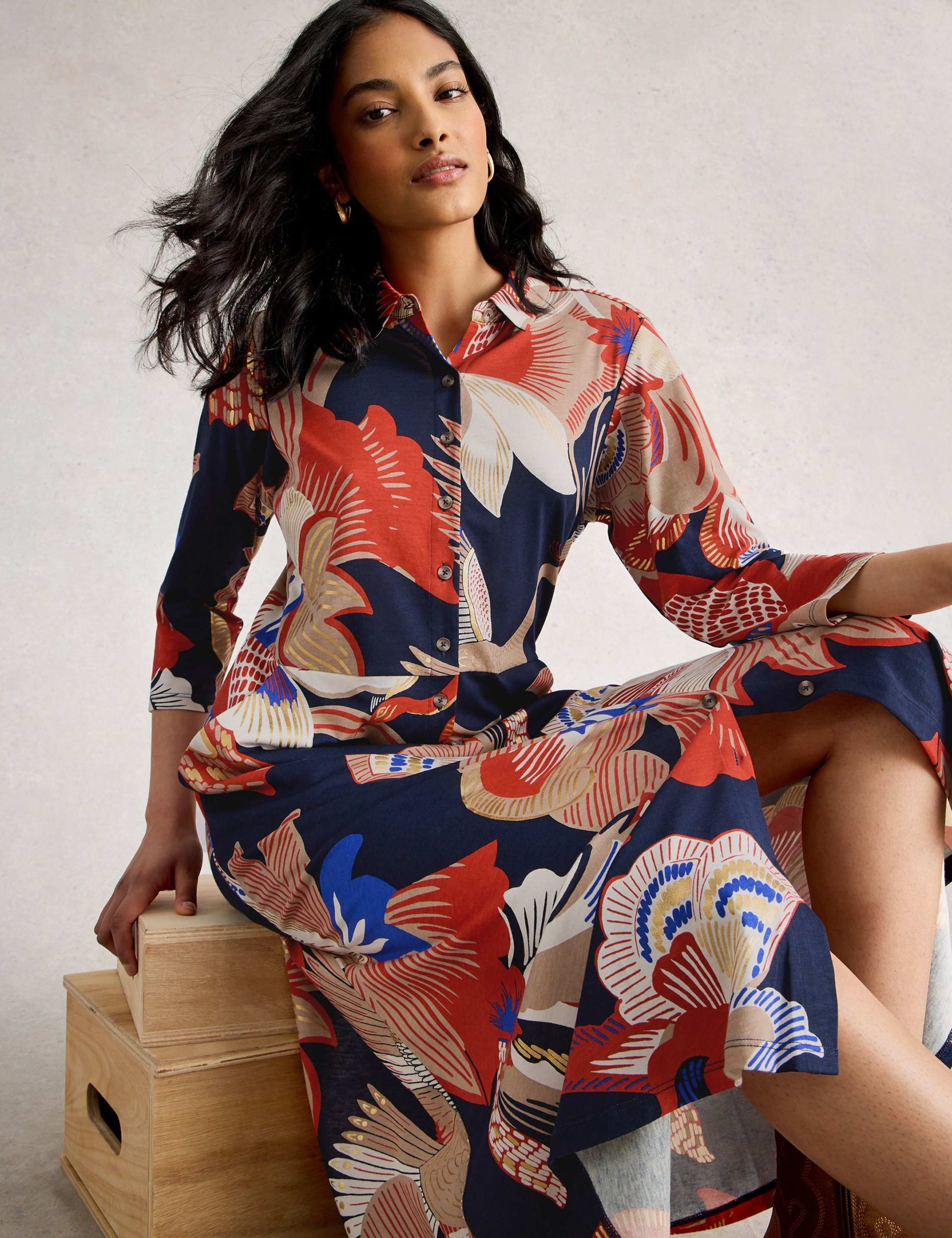 Cotton Blend Printed Midi Shirt Dress 3 of 6