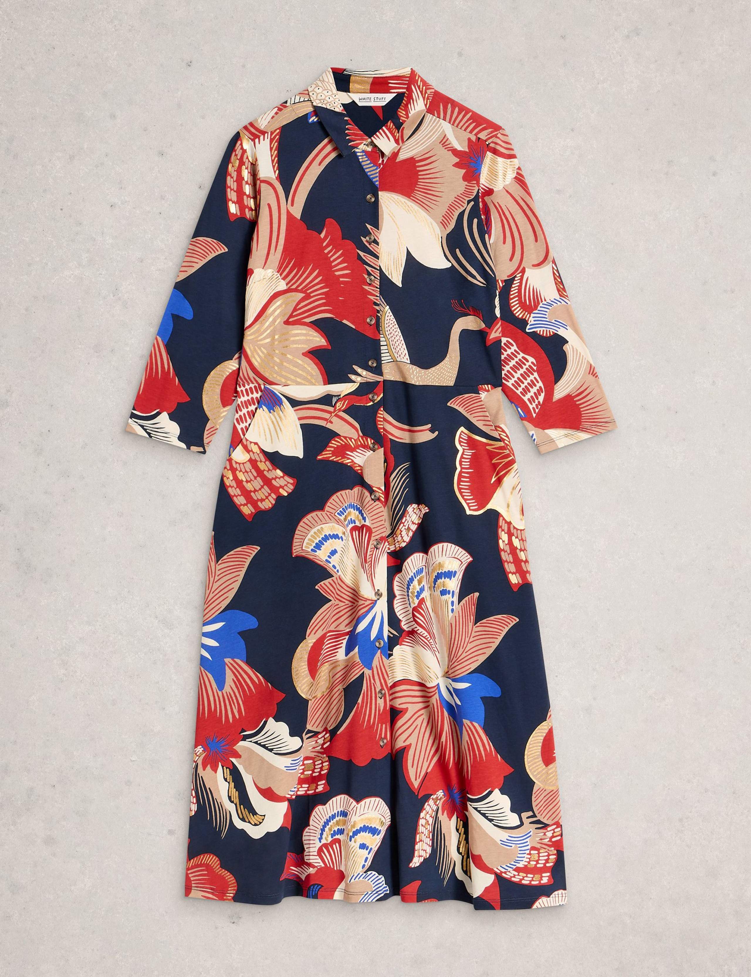 Cotton Blend Printed Midi Shirt Dress 2 of 6