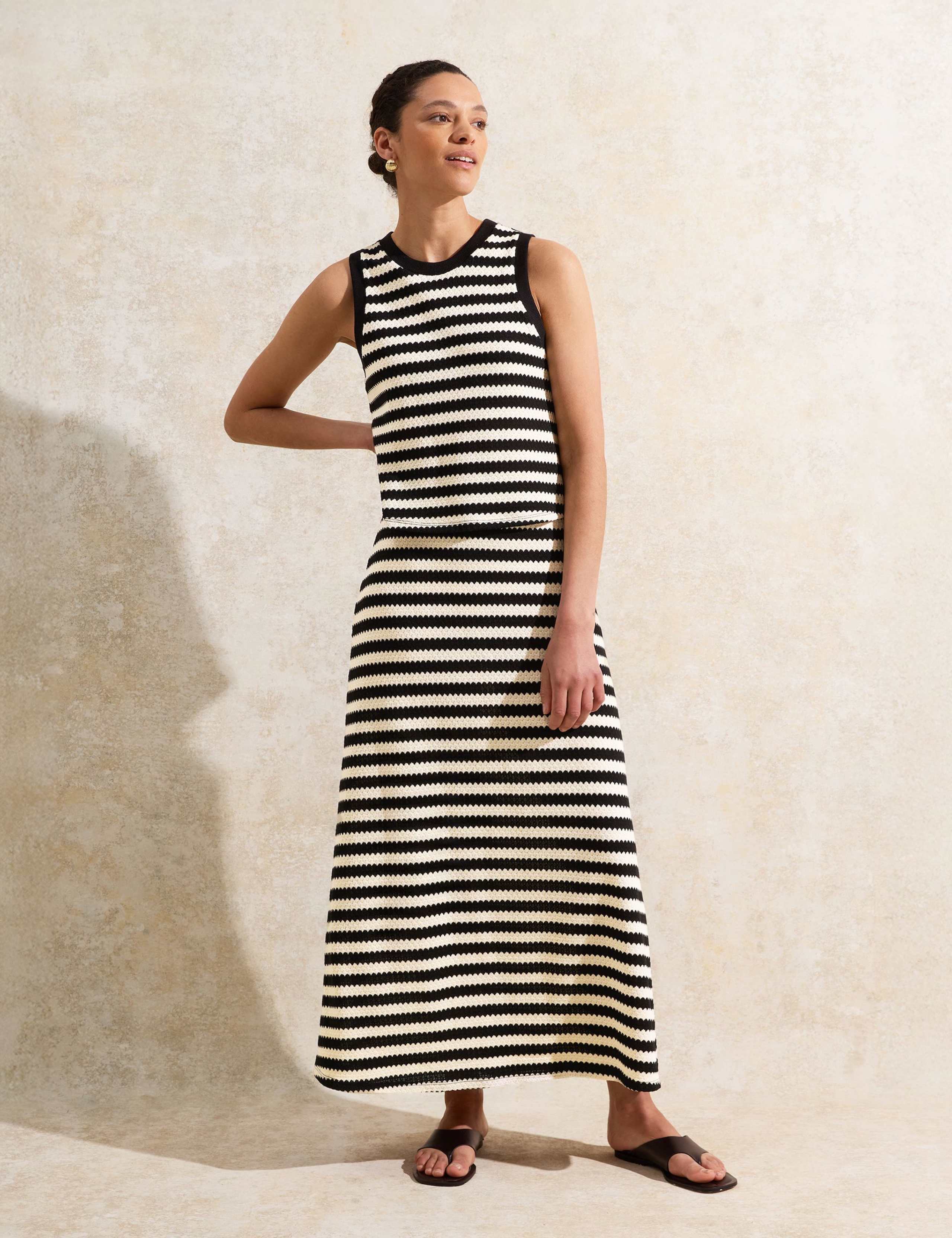Cotton Blend Striped Midi A-Line Skirt 4 of 5