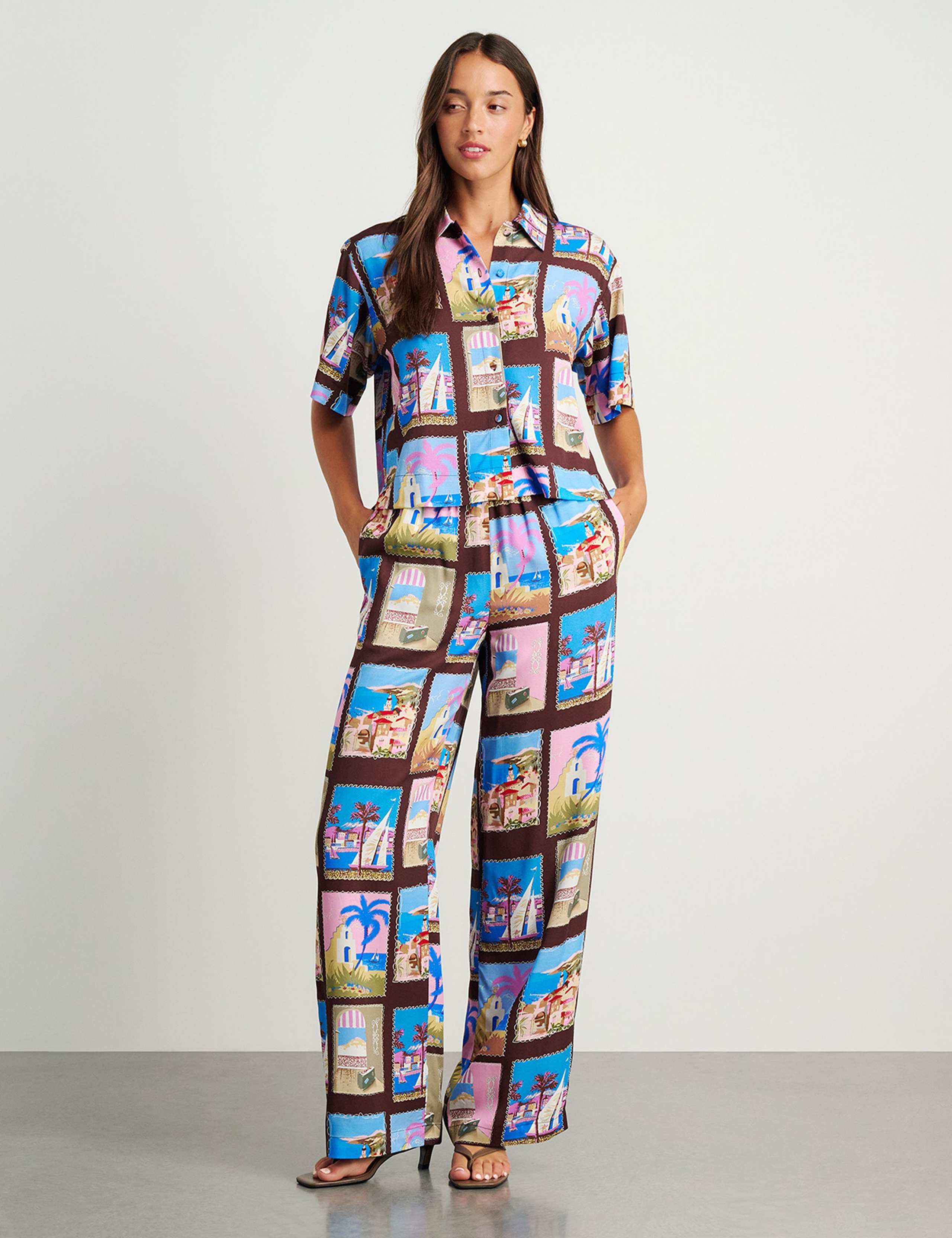 Printed Elasticated Waist Wide Leg Trousers 3 of 7