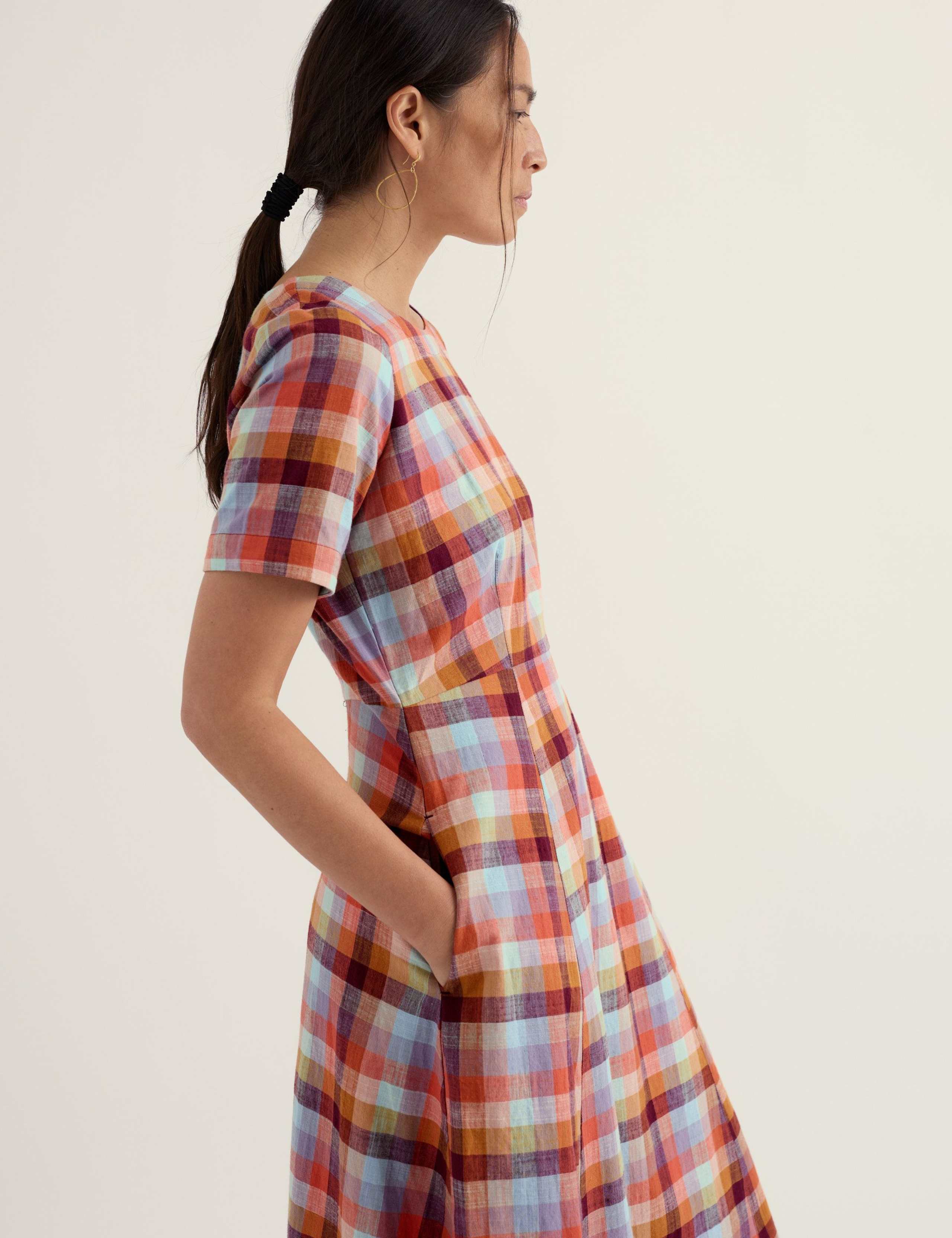 Pure Cotton Checked Midi Waisted Dress 5 of 6