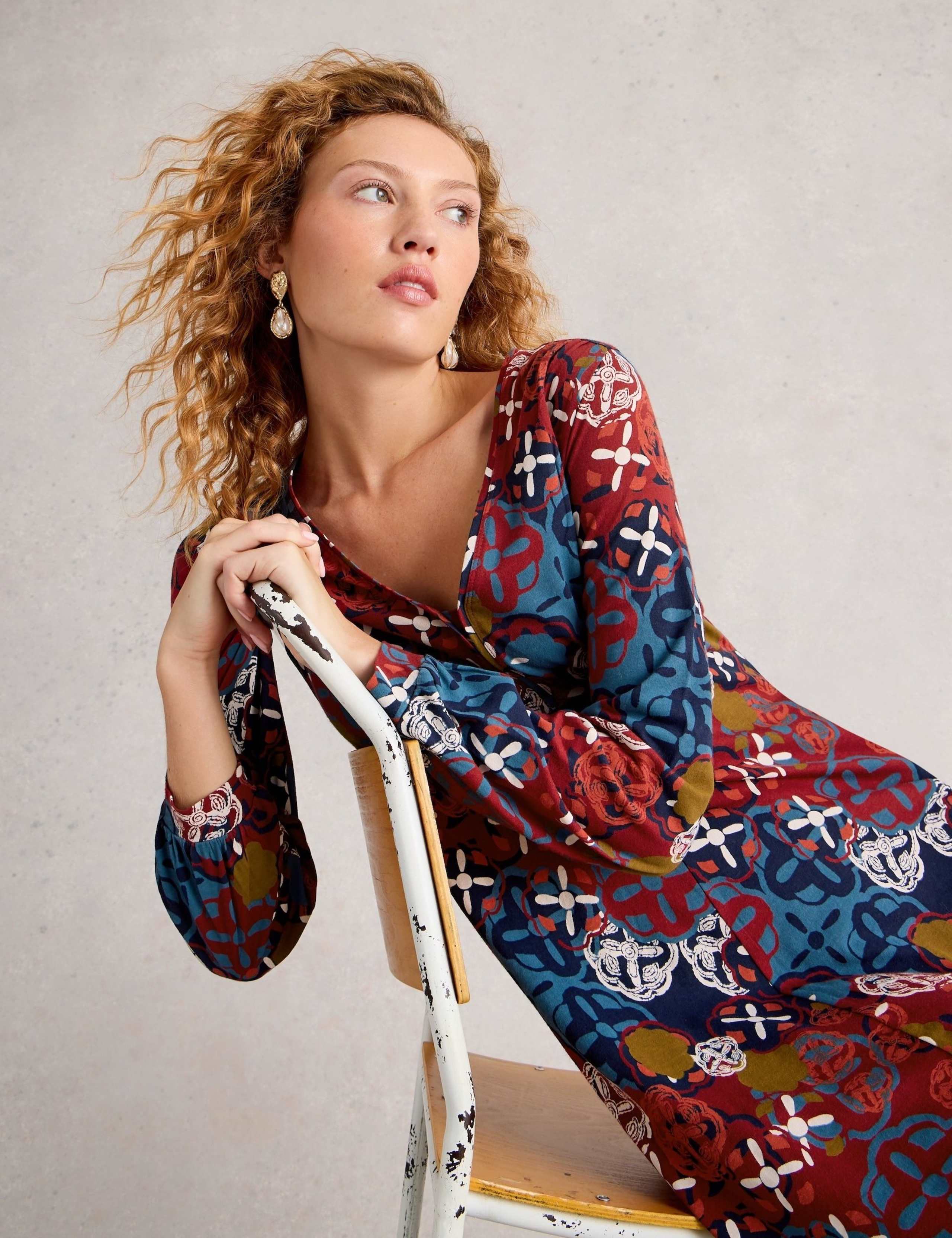 Cotton Blend Printed V-Neck Midi Tea Dress 3 of 6