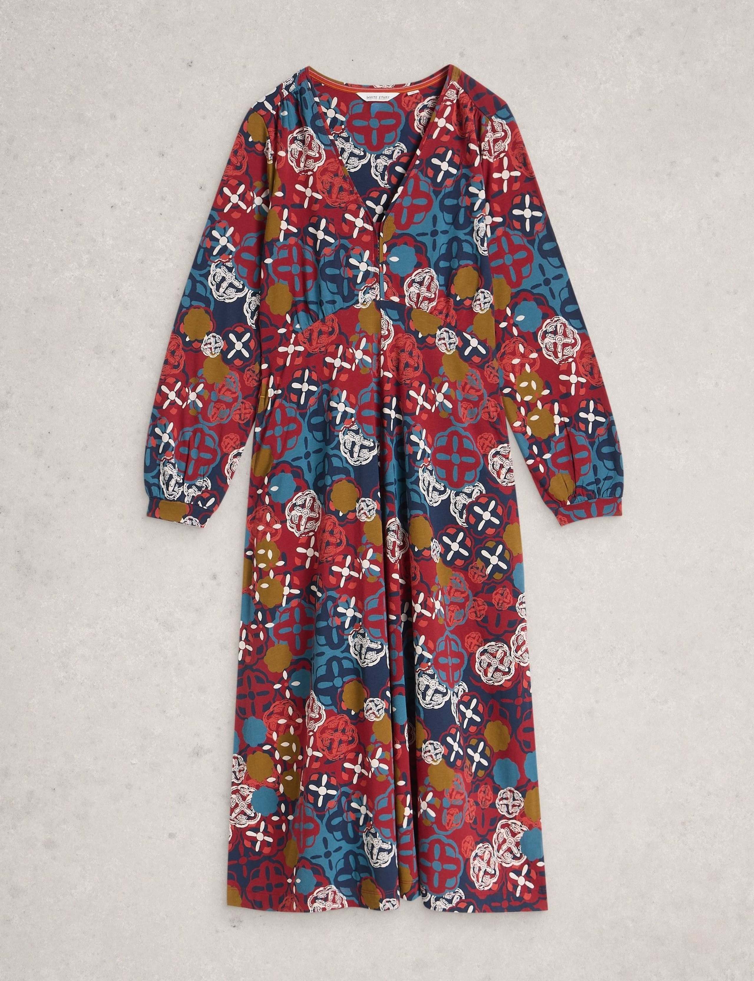 Cotton Blend Printed V-Neck Midi Tea Dress 2 of 6