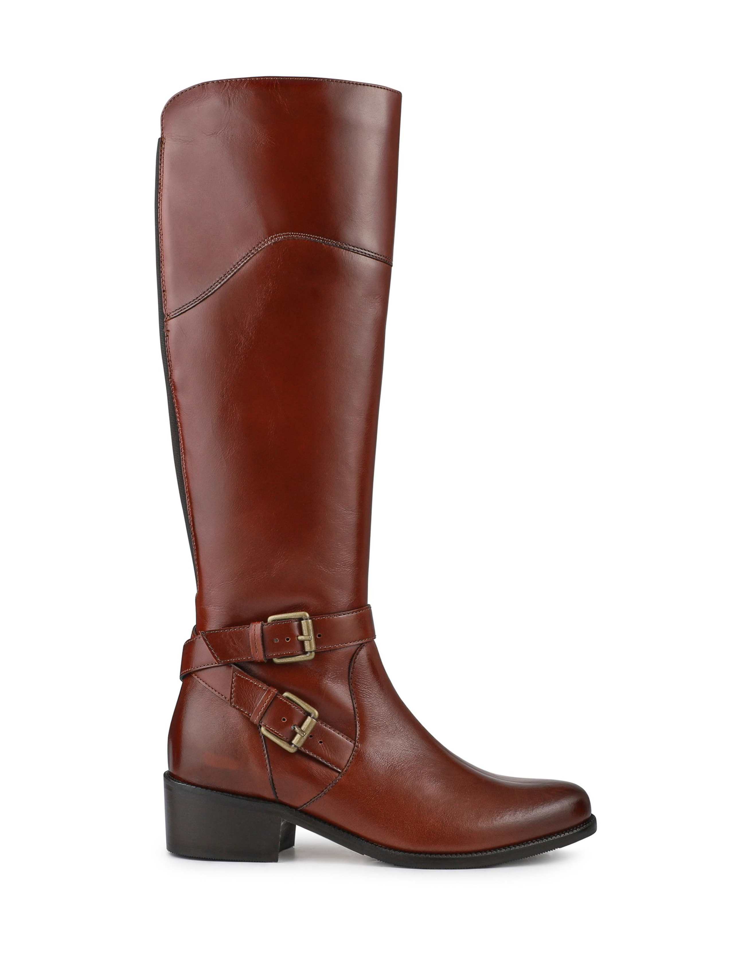Leather Buckle Block Heel Knee High Boots 1 of 5