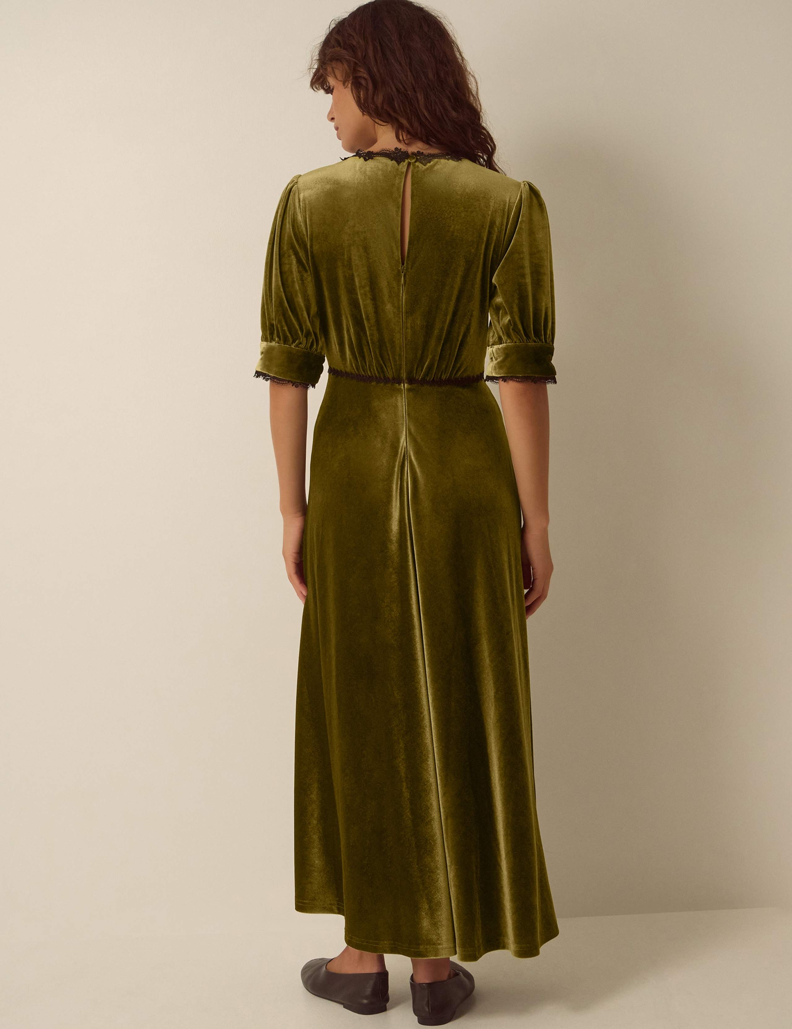 Velvet Puff Sleeve V-Neck Midi Tea Dress 3 of 5