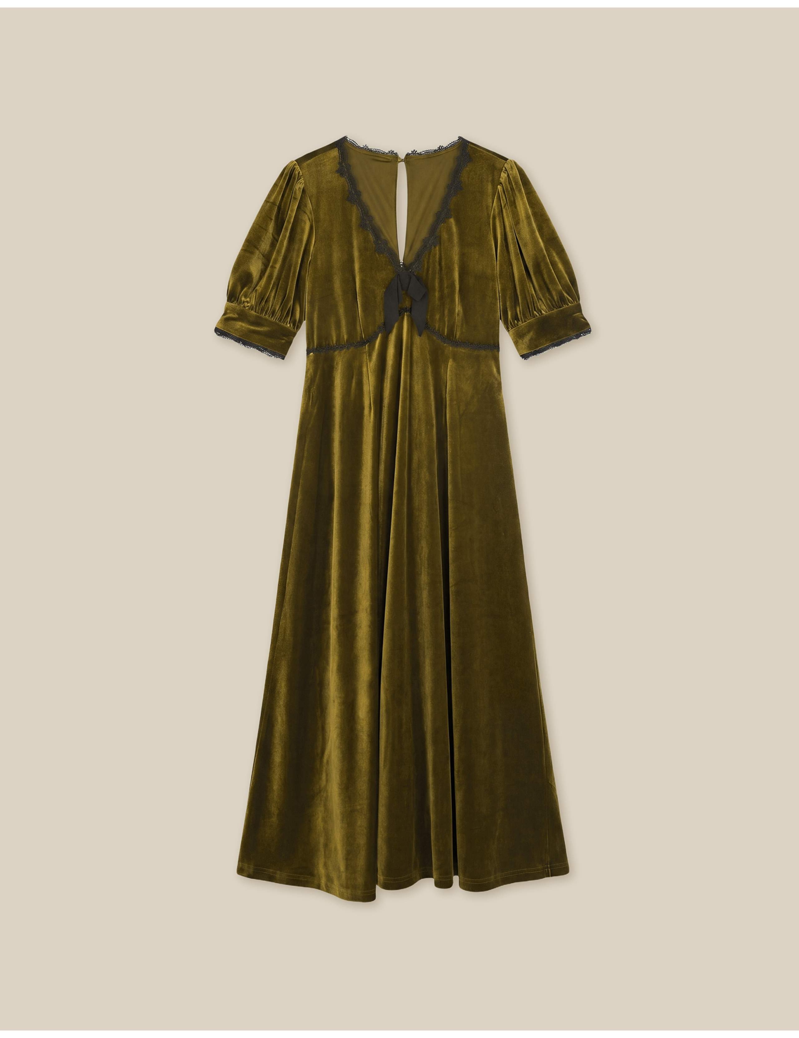 Velvet Puff Sleeve V-Neck Midi Tea Dress 2 of 5