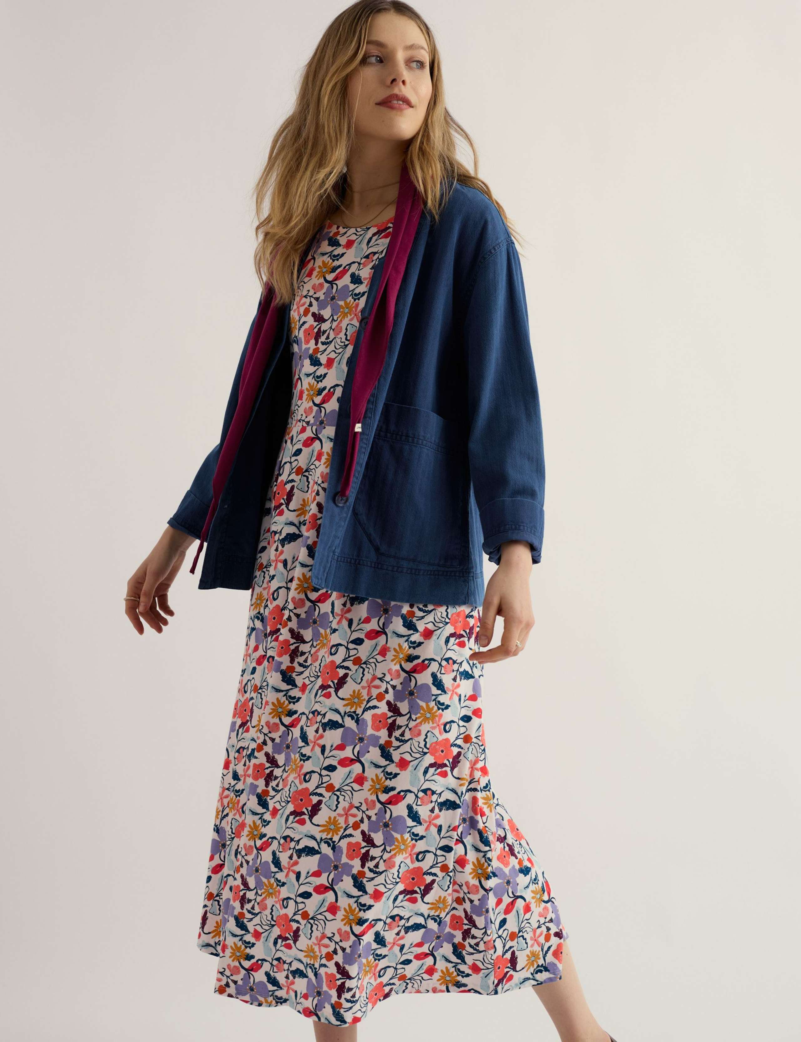 Cotton Rich Jersey Floral Midi Waisted Dress 3 of 5