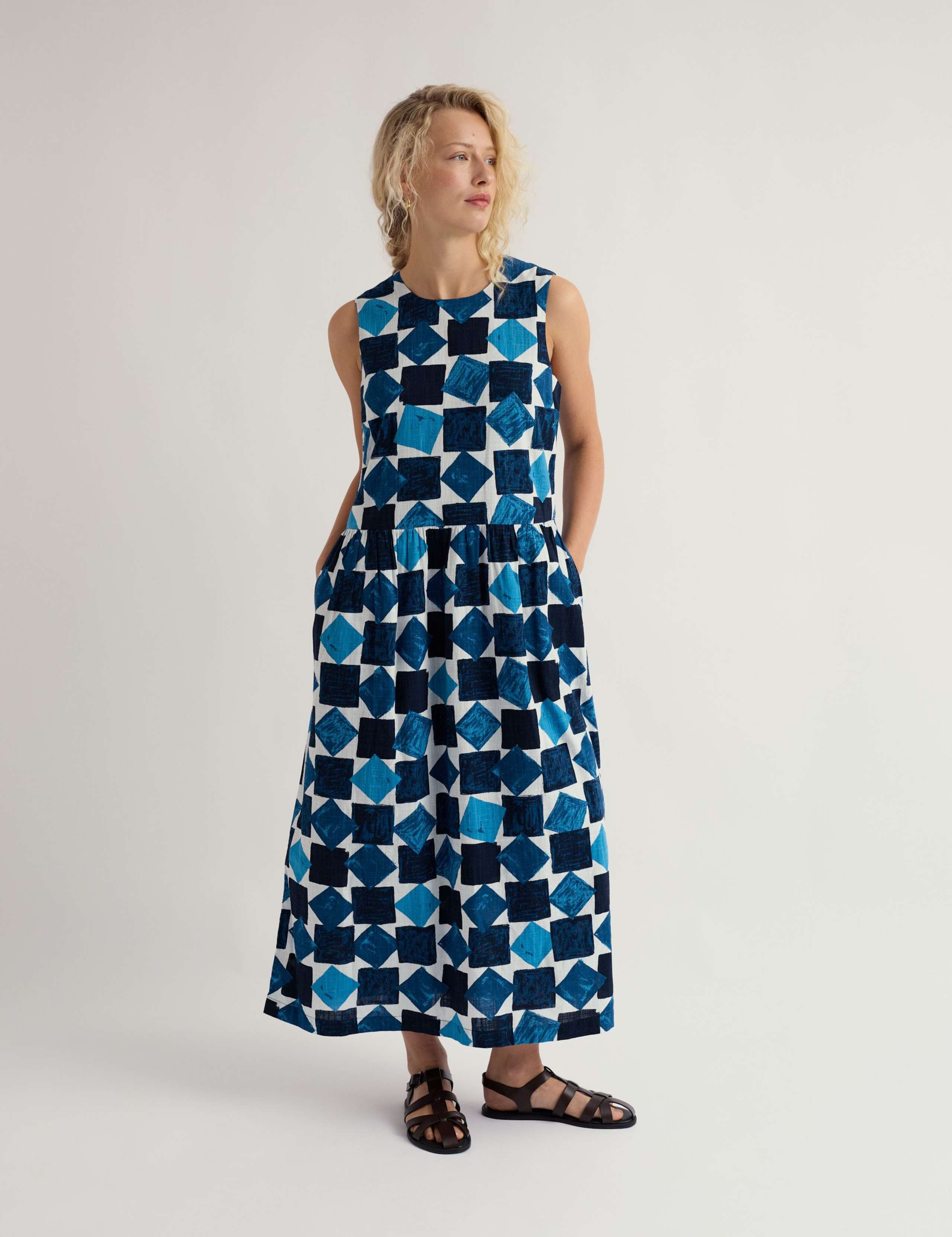Pure Cotton Geometric Midaxi Waisted Dress 1 of 5