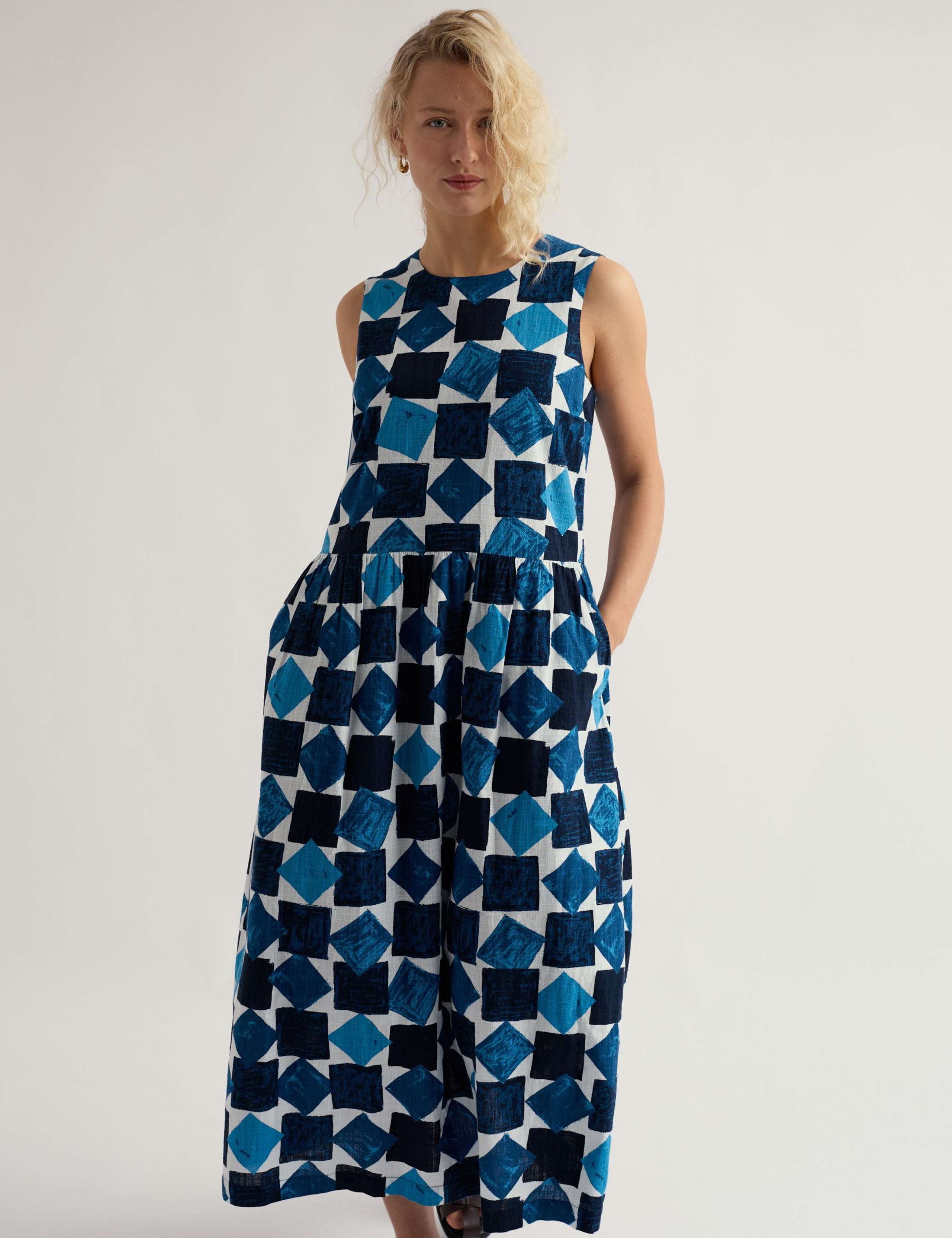 Pure Cotton Geometric Midaxi Waisted Dress 3 of 5