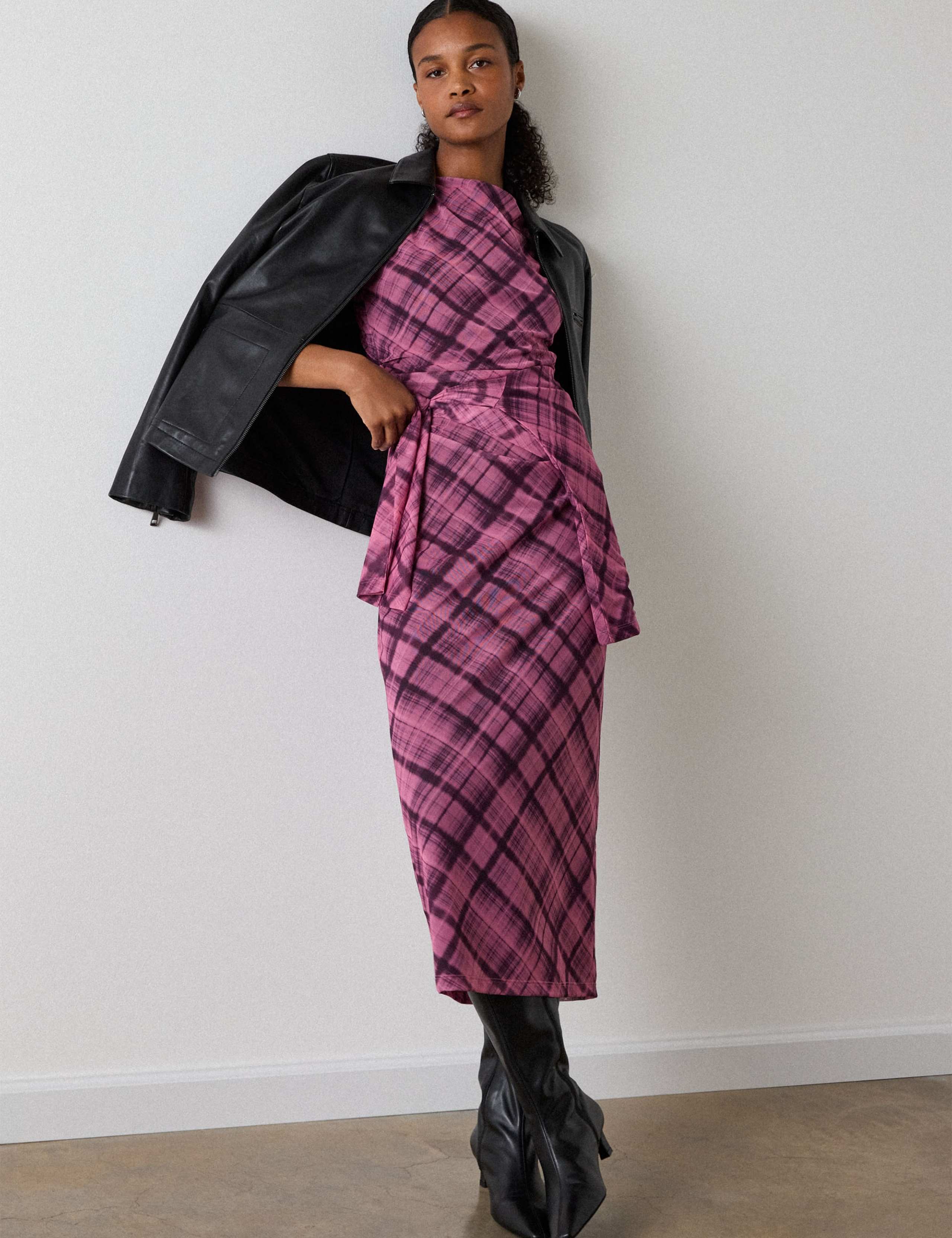 Mesh Checked Ruched Midi Column Dress 1 of 6