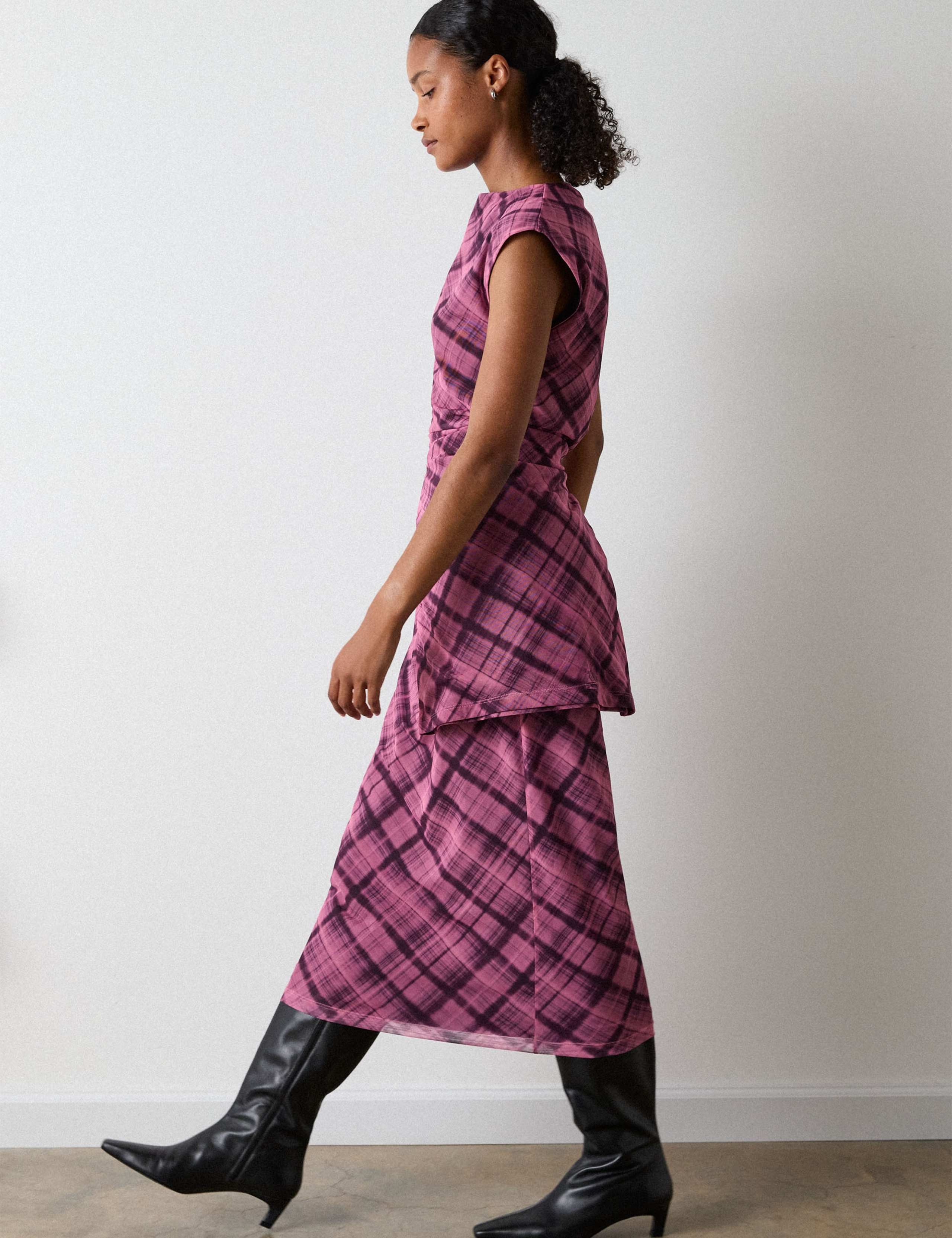Mesh Checked Ruched Midi Column Dress 3 of 6