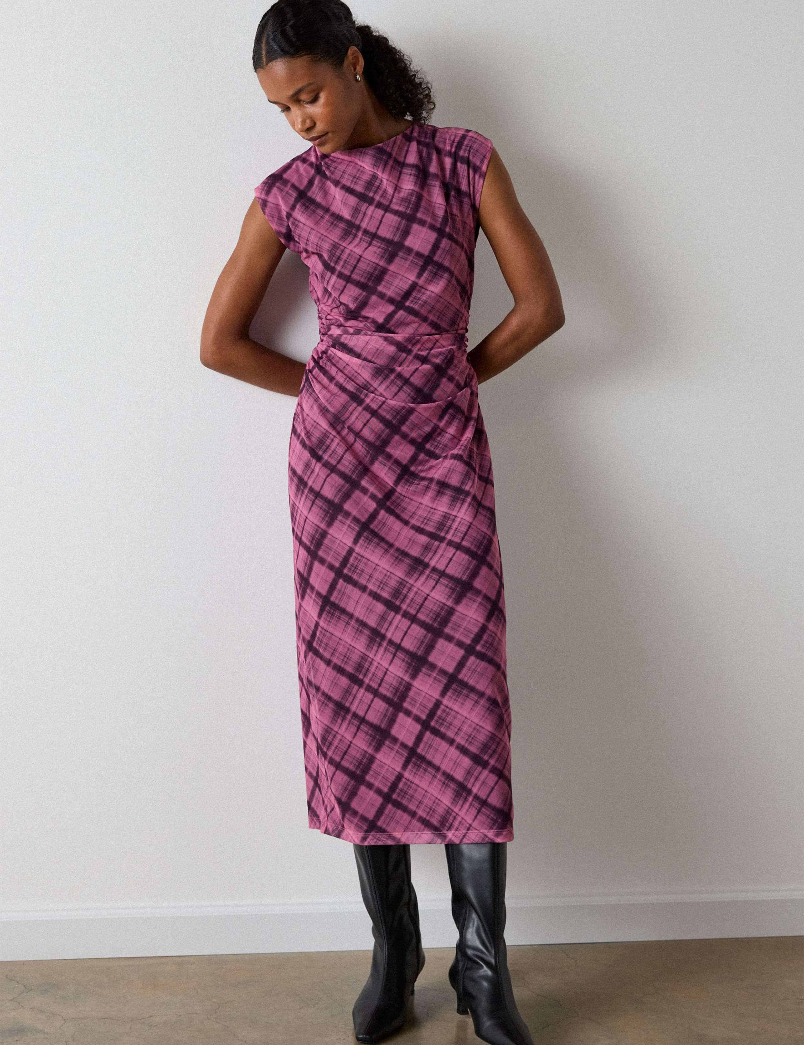 Mesh Checked Ruched Midi Column Dress 5 of 6