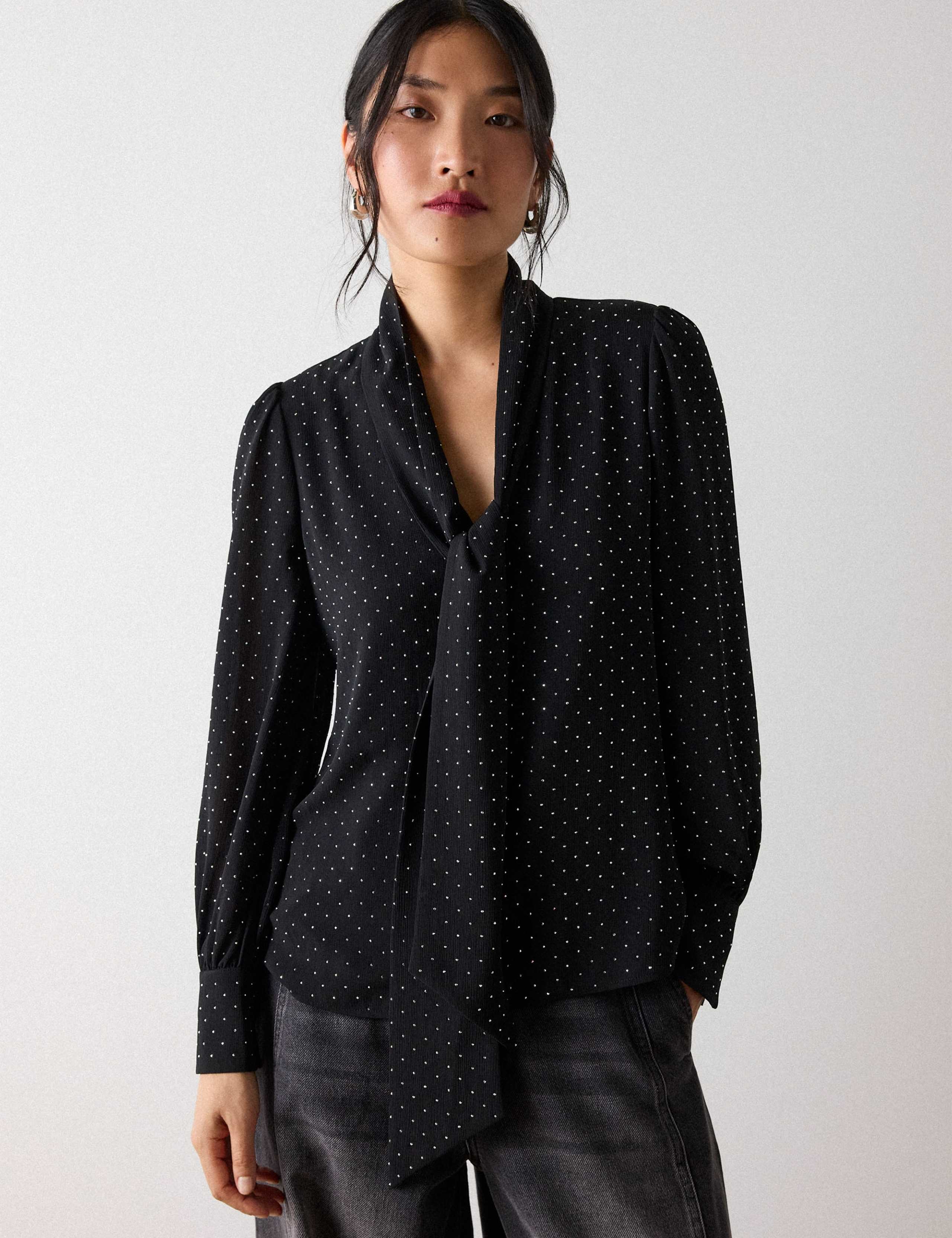 Embellished V Neck Scarf Detail Blouse 1 of 6