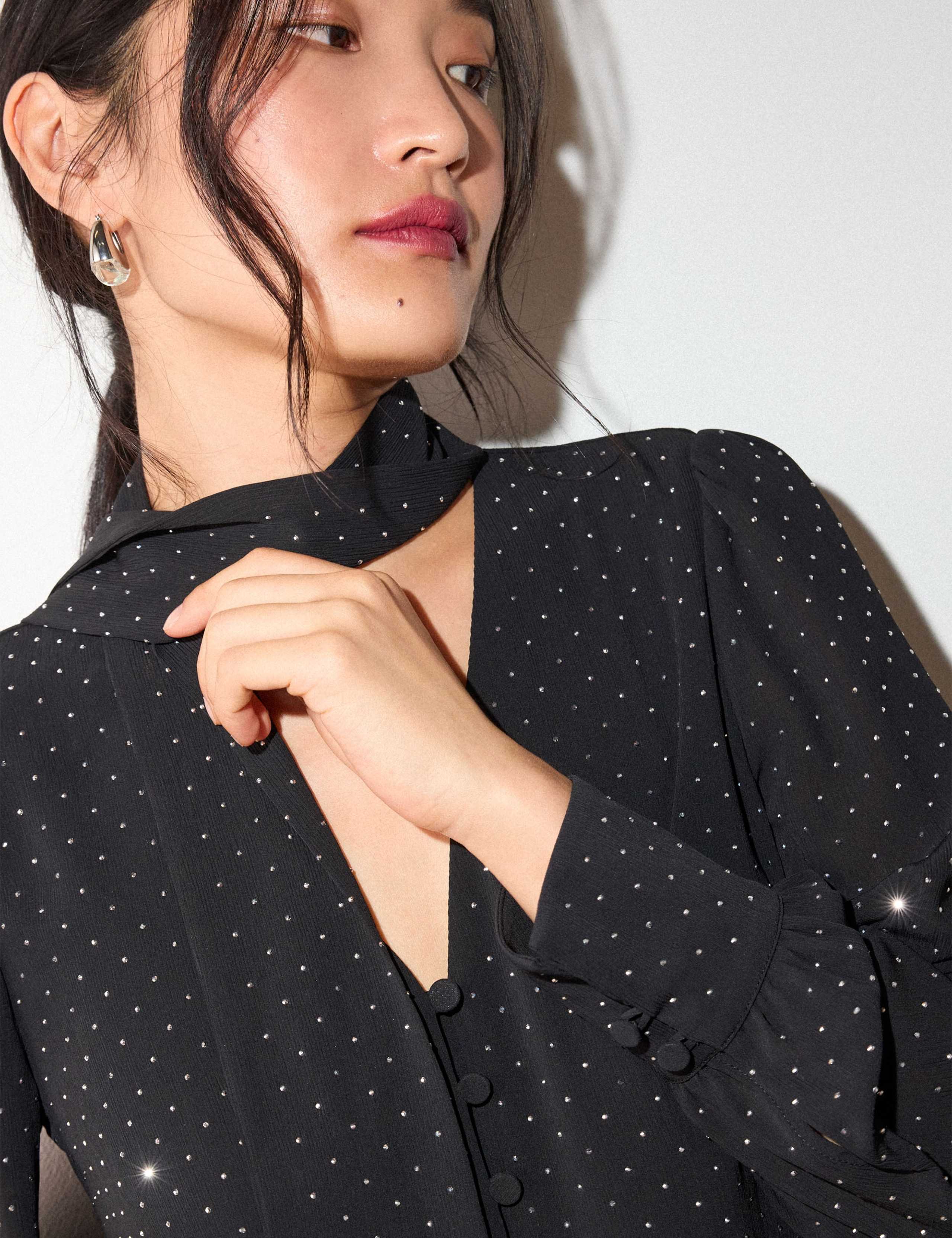 Embellished V Neck Scarf Detail Blouse 4 of 6